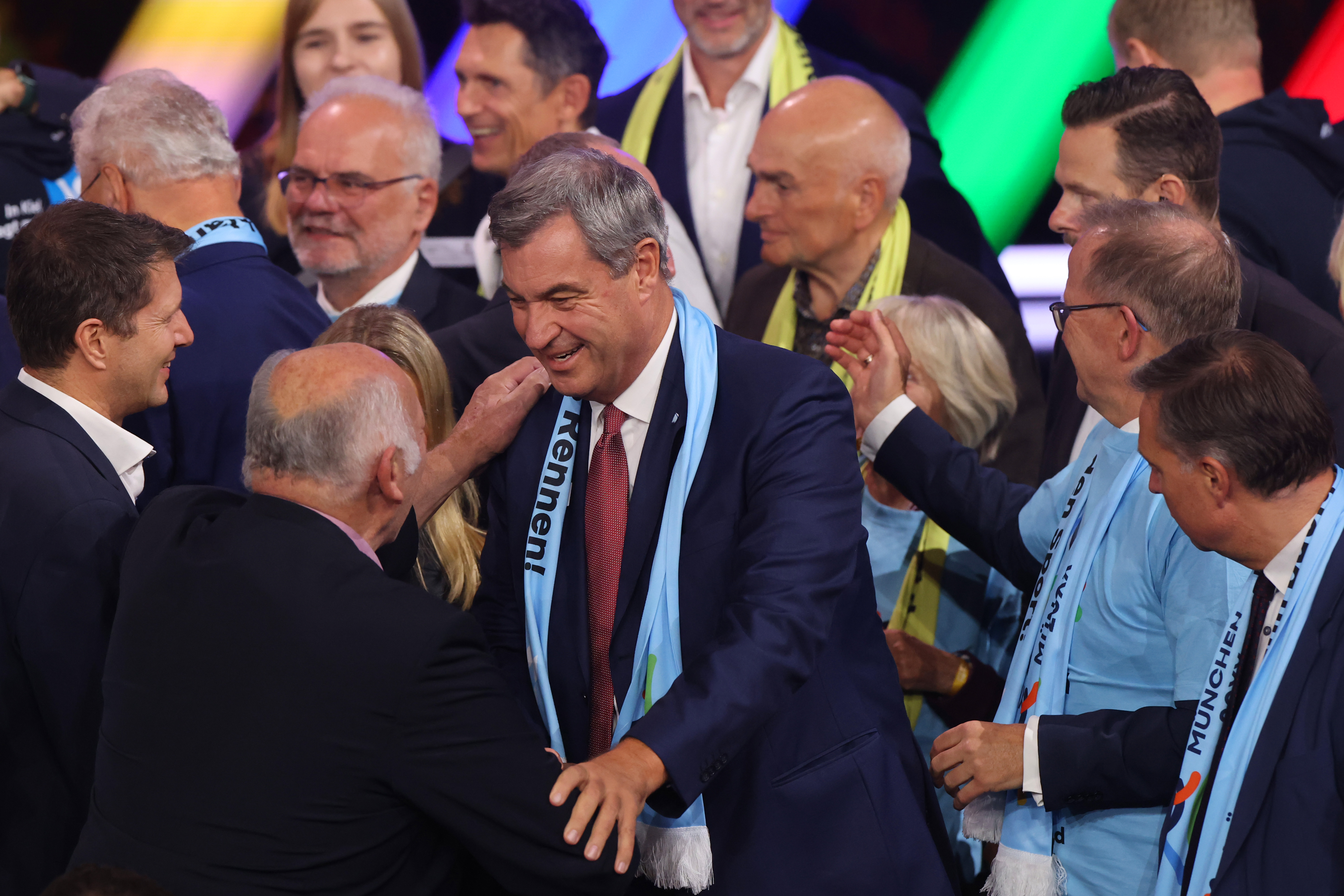 BADEN-BADEN, GERMANY - SEPTEMBER 26: Bavaria State Premier Markus Söder celebrates after Munich was selected as Germany’s candidate for a future Olympic bid during the extraordinary German Olympic Sports Confederation (DOSB) general assembly at Kurhaus Baden-Baden on September 26, 2026 in Baden-Baden, Germany. At the DOSB's extraordinary general assembly, delegates will be able to vote on bids for either Munich or the KölnRheinRuhr region to compete to host the 2036, 2040 or 2044 Olympic and Paralympic Games. (Photo by Alex Grimm/Getty Images)