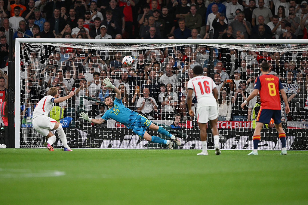 Harry Kane of England shoots and misses a penalty kick during the UEFA Nations League 2026/27 group phase match