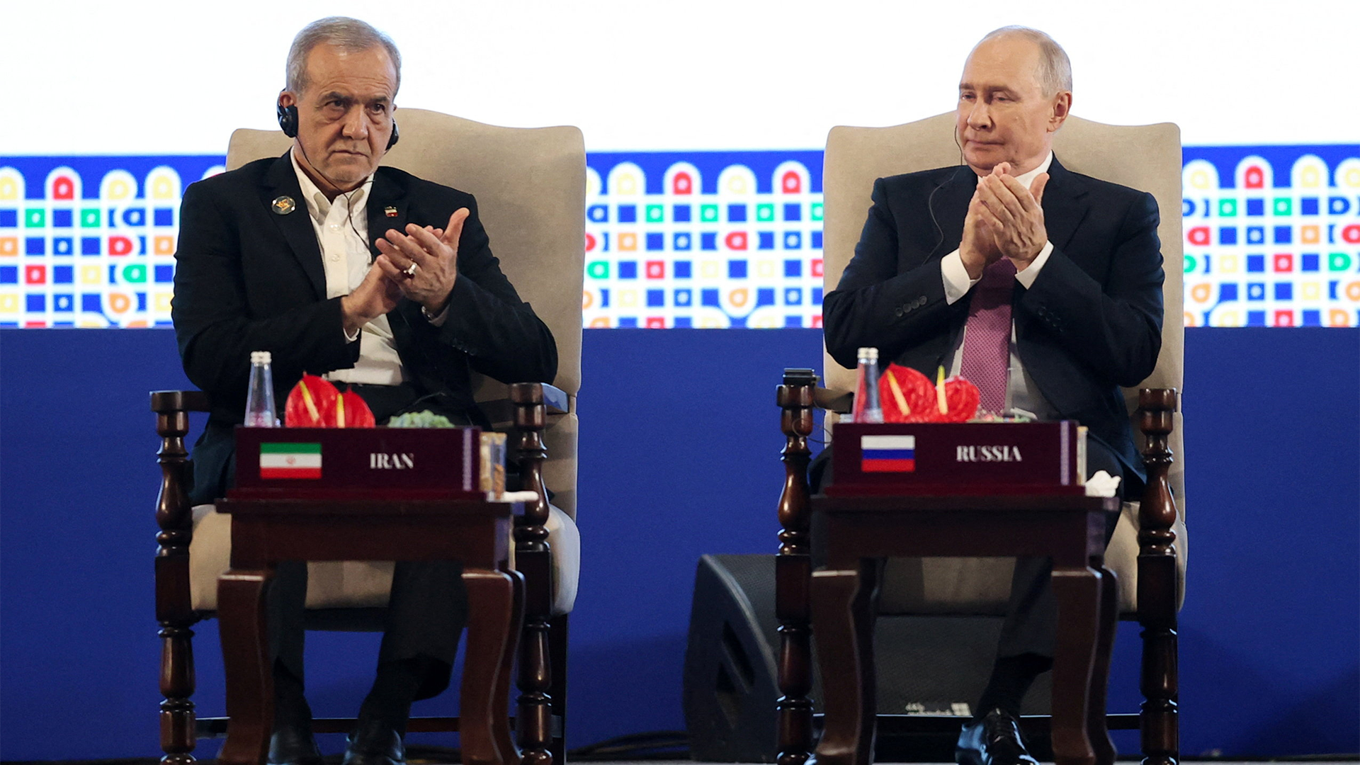 Iranian President Masoud Pezeshkian and Russian President Vladimir Putin attend BRICS 2026 event in New Delhi, India.
