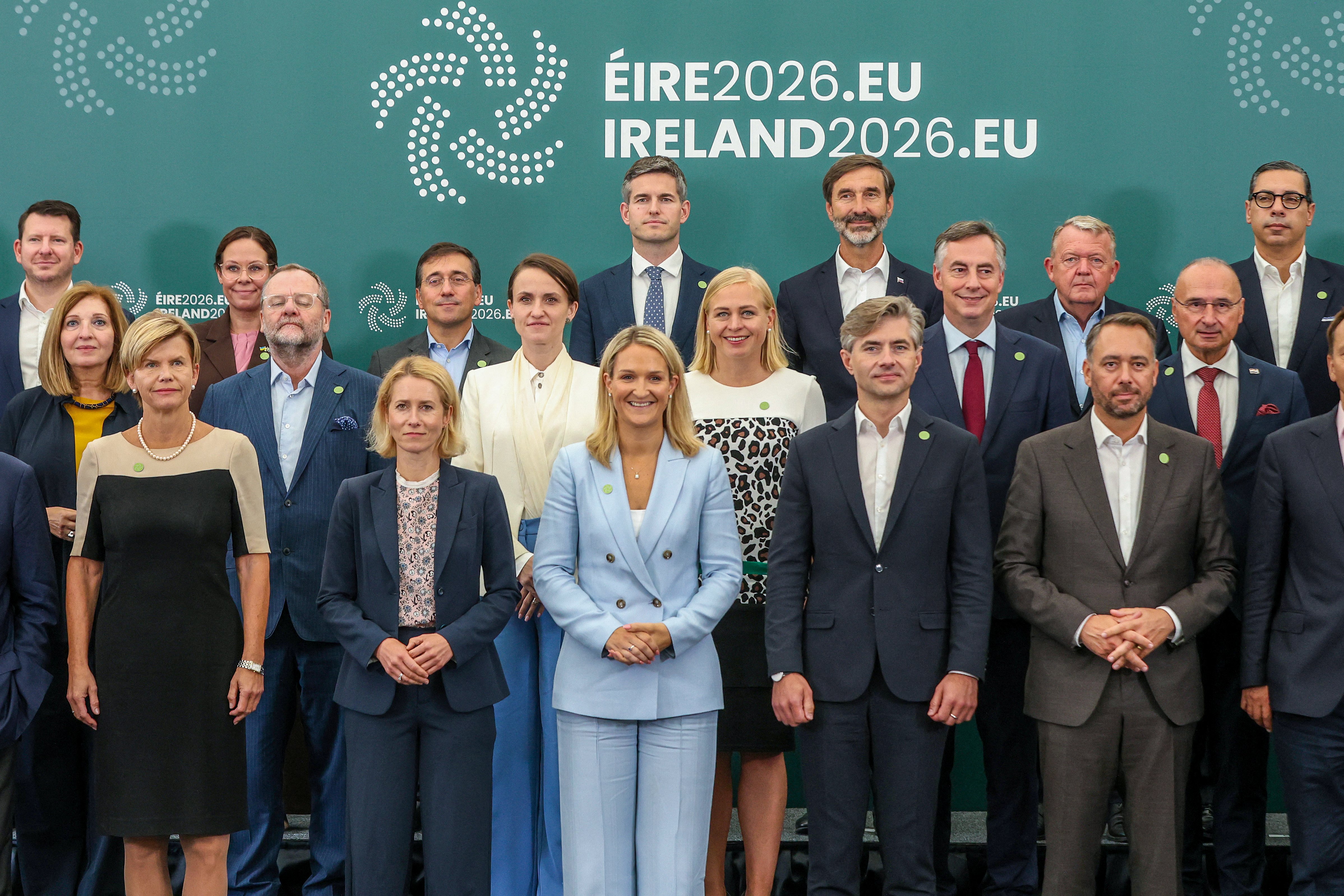 European Commission High Representative and Vice President Kaja Kallas (2nd L-front) and Ireland's Defence and Foreign Minister Helen McEntee (C-front) pose with visiting EU foreign affairs ministers during their informal meeting at Druids Glen in Wicklow, south of Dublin, Ireland, on September 2, 2026.
