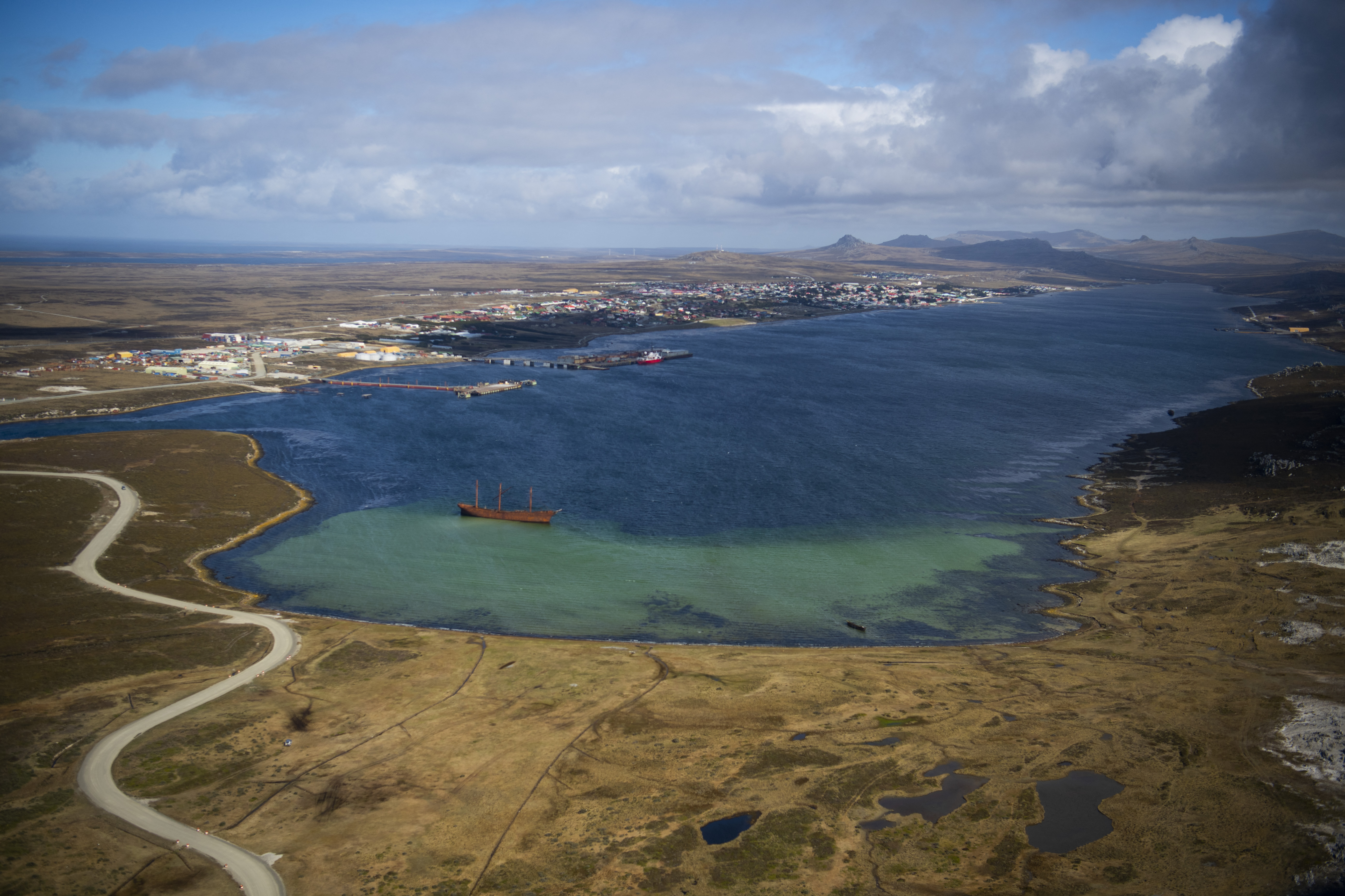 (FILES) Aerial view of Stanley, Falkland Islands (Malvinas) on October 07, 2019.