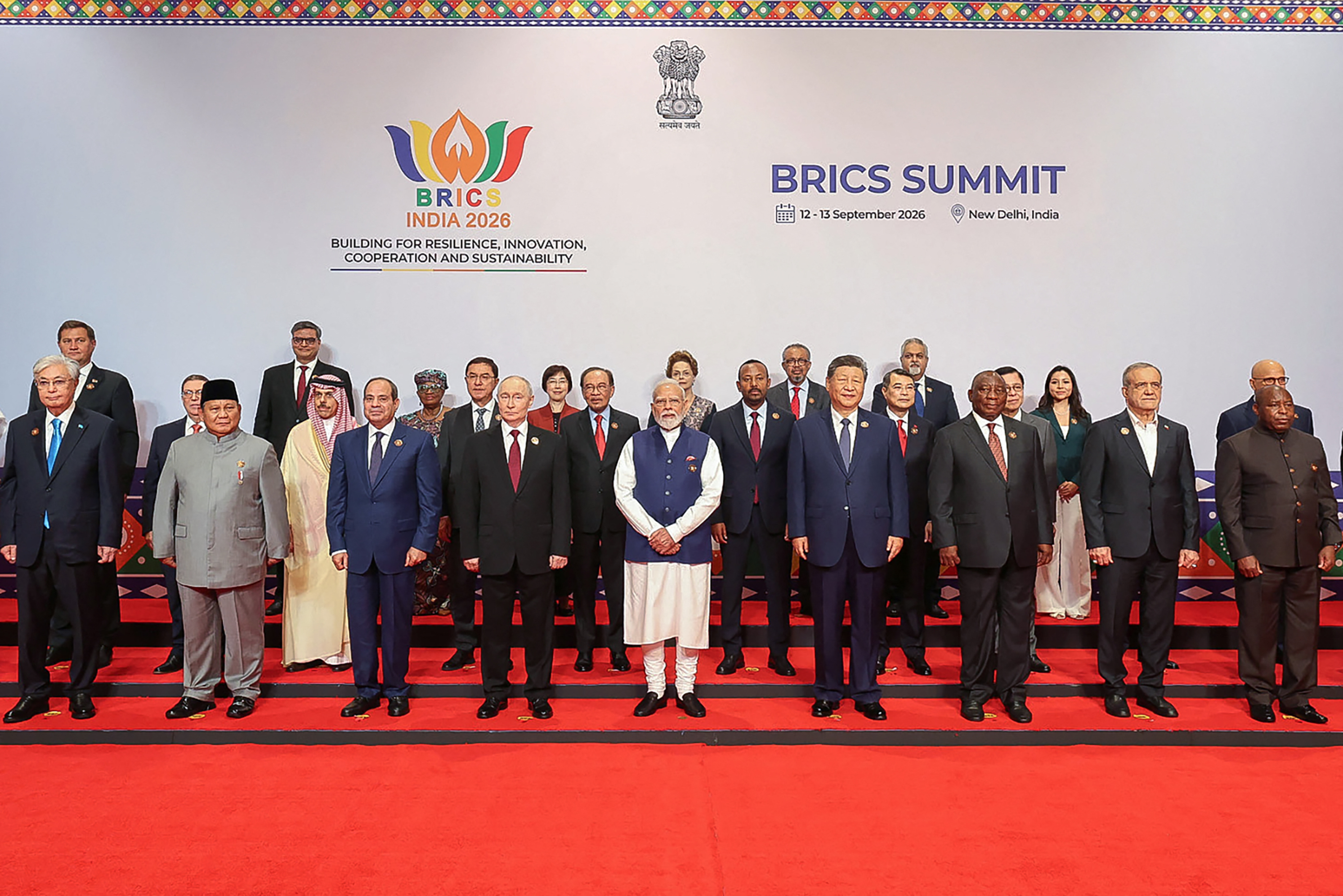 This handout photograph taken and released by Indian Press Information Bureau (PIB) on September 13, 2026 shows leaders of participating countries gather for a family photo during the 18th BRICS Summit in New Delhi. (Photo by Handout / Indian Press Information Bureau (PIB) / AFP) / RESTRICTED TO EDITORIAL USE - MANDATORY CREDIT "AFP PHOTO /INDIAN PRESS INFORMATION BUREAU (PIB)/ HANDOUT / " - NO MARKETING NO ADVERTISING CAMPAIGNS - DISTRIBUTED AS A SERVICE TO CLIENTS