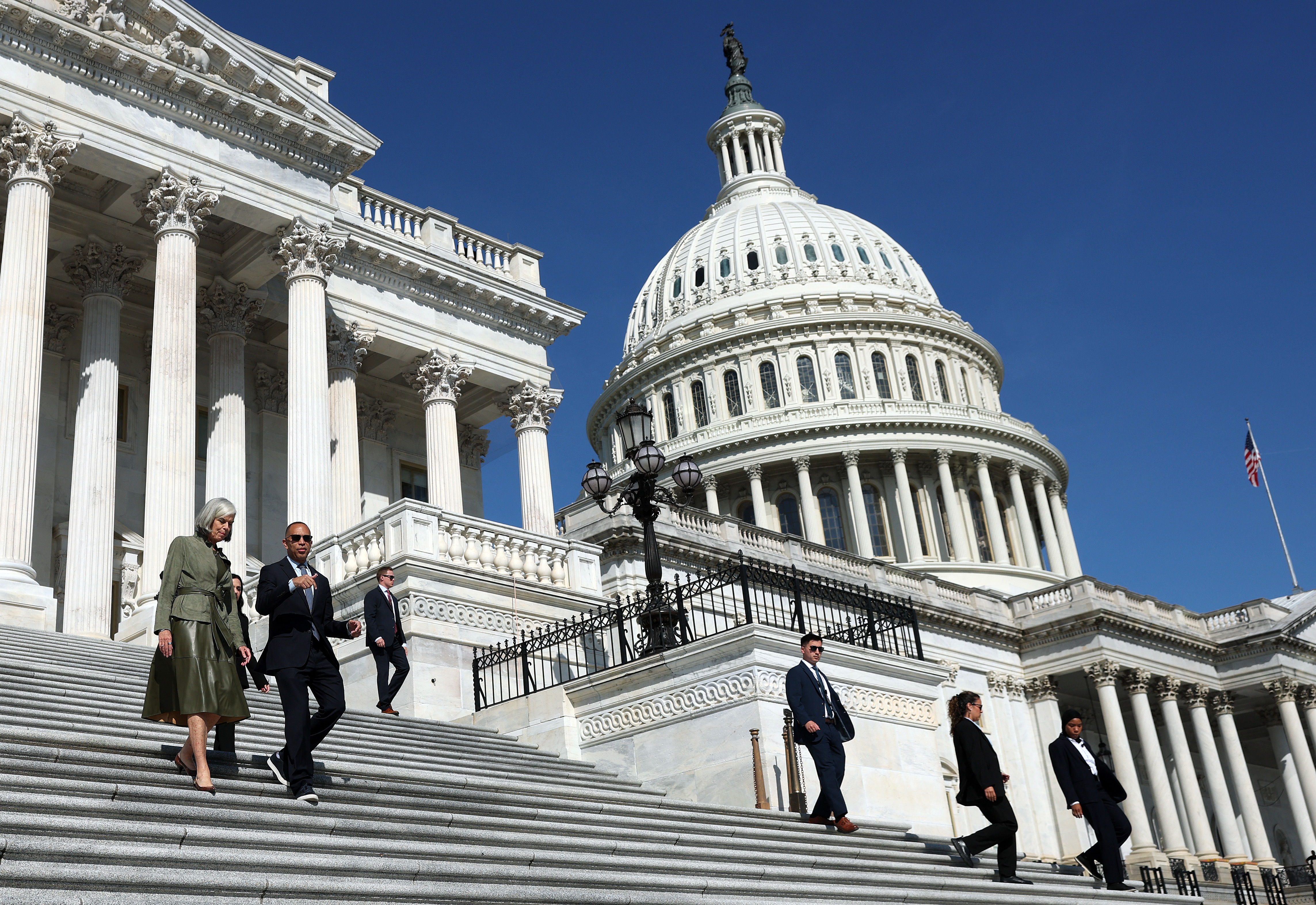 WASHINGTON, DC - SEPTEMBER 16: U.S. House Minority Leader Hakeem Jeffries (D-NY) walks with House Minority Whip Katherine Clark (D-MA) as they arrive for an event on affordability on the steps of the U.S. Capitol on September 16, 2026 in Washington, DC. House Democrats held an event to outline their affordability agenda and to speak out against Republican policies and rising inflation and its effects on everyday Americans. Kevin Dietsch/Getty Images/AFP (Photo by Kevin Dietsch / GETTY IMAGES NORTH AMERICA / Getty Images via AFP)