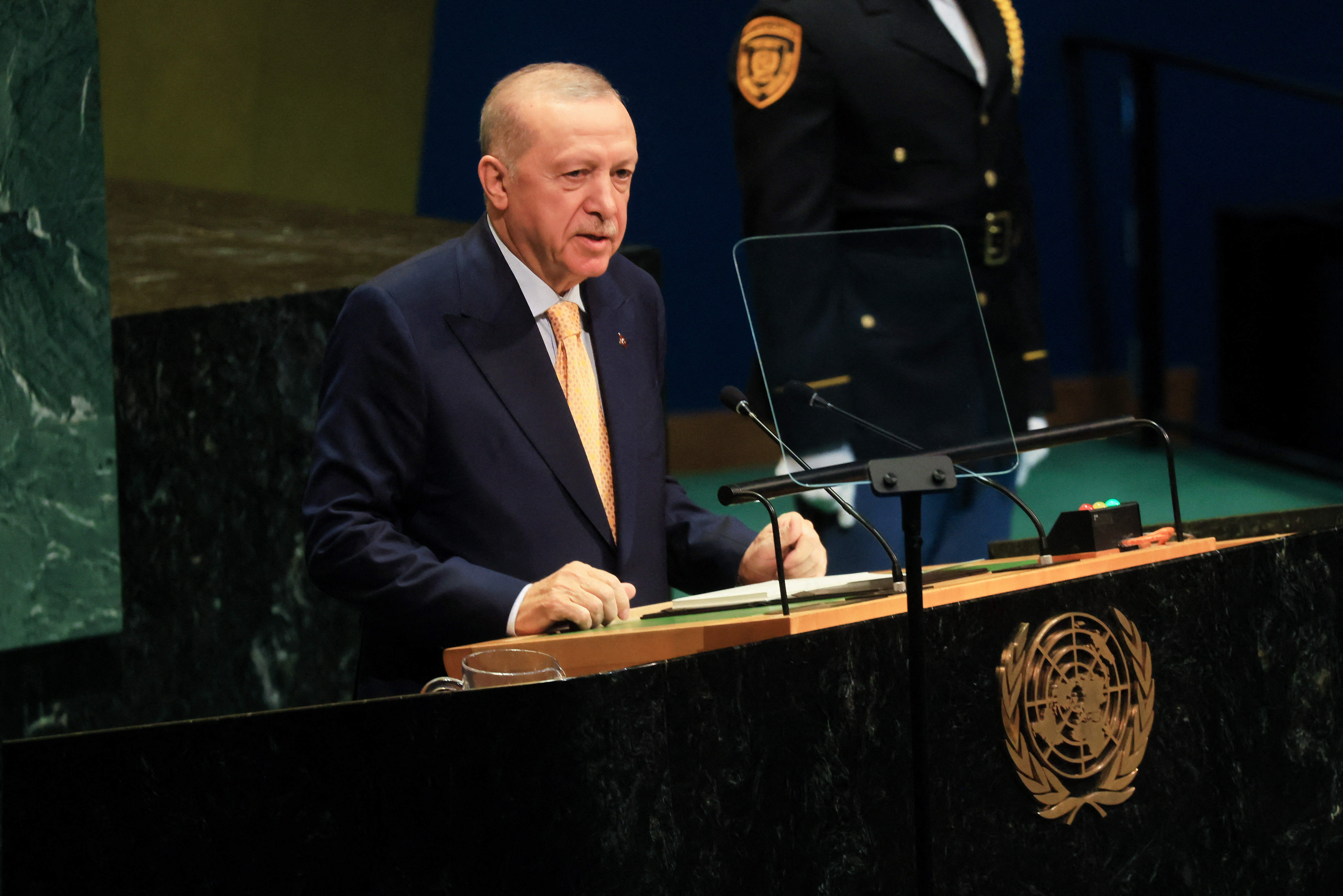 NEW YORK, NEW YORK - SEPTEMBER 22: President of Turkiye Recep Tayyip Erdoğan speaks during the 81st session of the United Nations (U.N.) General Assembly at U.N. Headquarters on September 22, 2026 in New York City. World leaders have gathered in New York for the annual session of the United Nations General Assembly, with this year's global issues ranging from the threat of artificial intelligence to the continued wars in Ukraine and Gaza. Spencer Platt/Getty Images/AFP (Photo by SPENCER PLATT / GETTY IMAGES NORTH AMERICA / Getty Images via AFP)