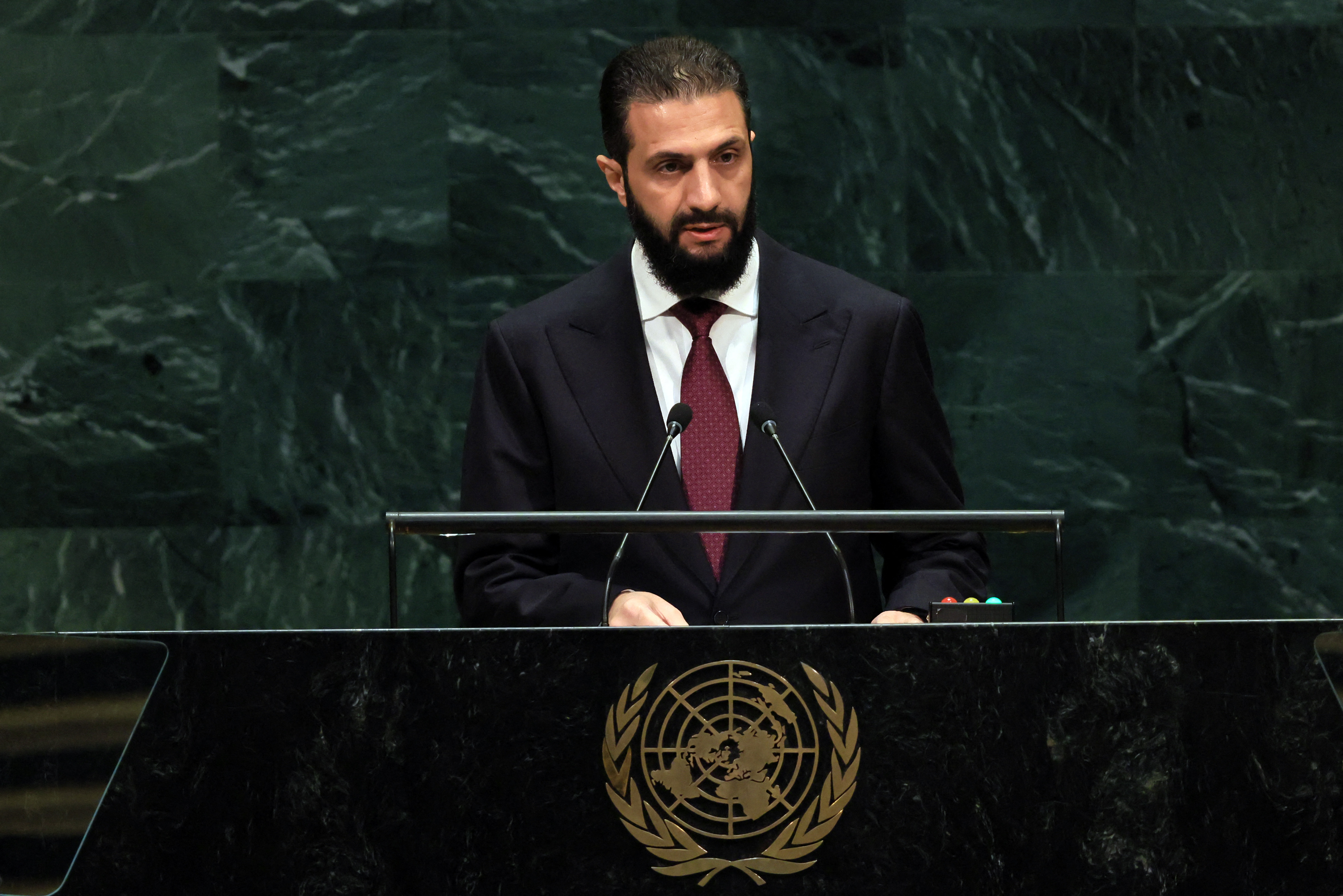 Syrian President Ahmed al-Sharaa speaks during the 81st session of the United Nations (U.N.) General Assembly at U.N. Headquarters. [Spencer Platt/Getty Images/AFP]