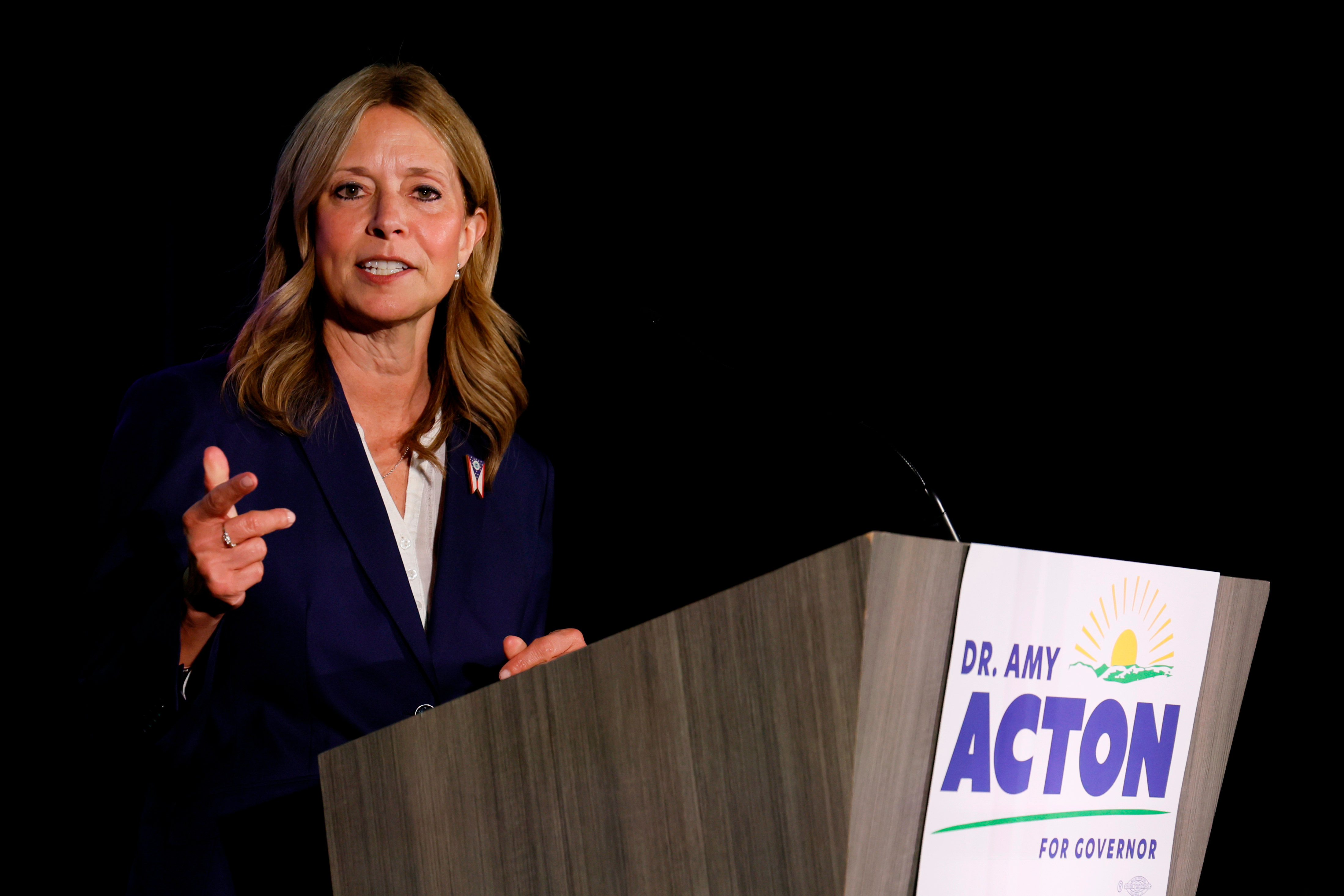 Democratic gubernatorial candidate Dr. Amy Acton speaks at a primary election night campaign event after winning the party's nomination for governor on May 5, 2026, in Columbus, Ohio. [Jay LaPrete/AP Photo]