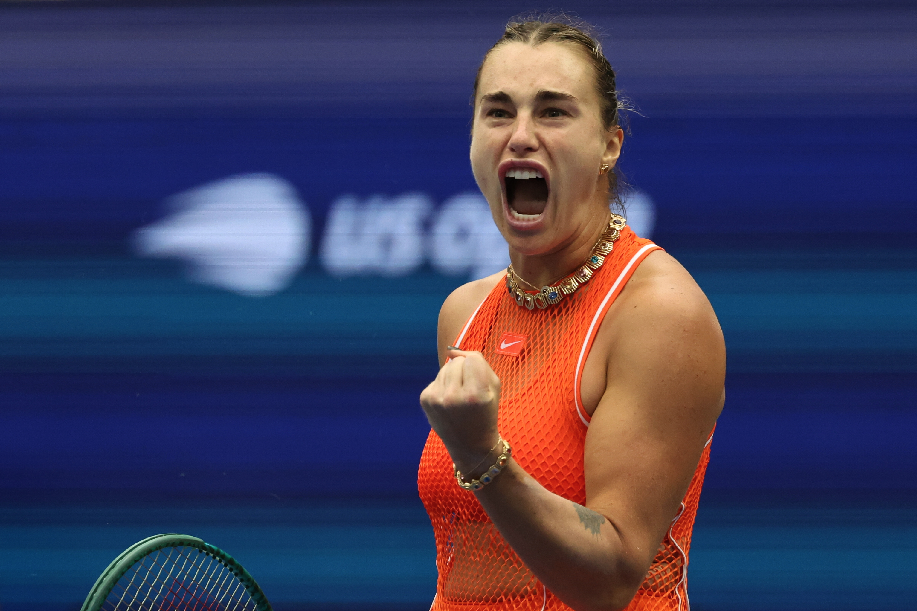 Aryna Sabalenka, of Belarus, reacts during the fourth round of the U.S. Open tennis championships against Taylor Townsend, of the United States, Sunday, Sept. 6, 2026, in New York. (AP Photo/Heather Khalifa)