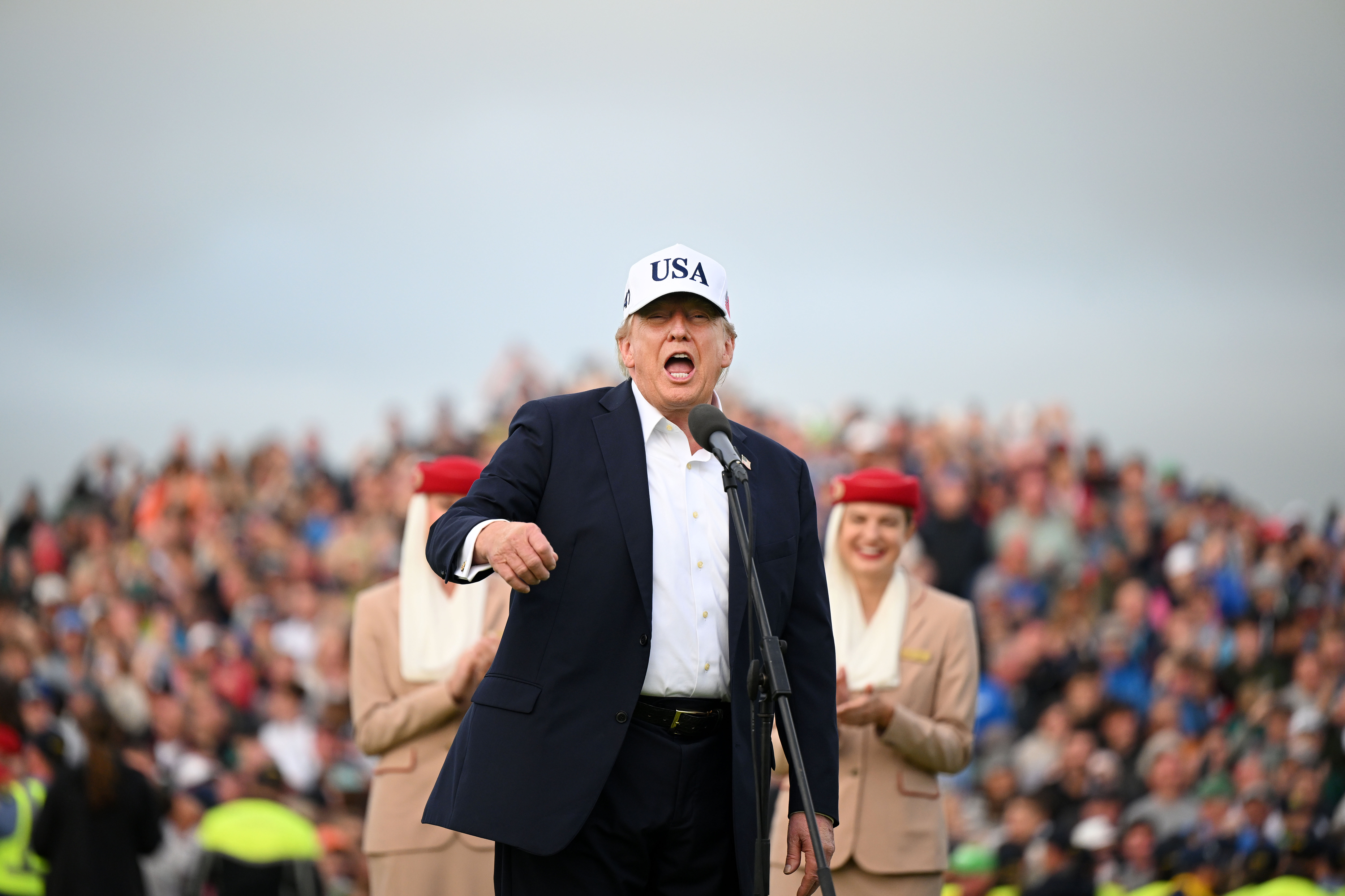 DOONBEG, IRELAND - SEPTEMBER 13: President Donald Trump is pictured on the 18th green during the prize presentation on the final day's play at the Amgen Irish Open on September 13, 2026 in Doonbeg, Ireland. U.S. President Donald Trump is making a two-day visit to Ireland this weekend. Today his trip focuses on attending the Amgen Irish Open golf tournament, which is being hosted at his Doonbeg golf resort. (Photo by Charles McQuillan/Getty Images)