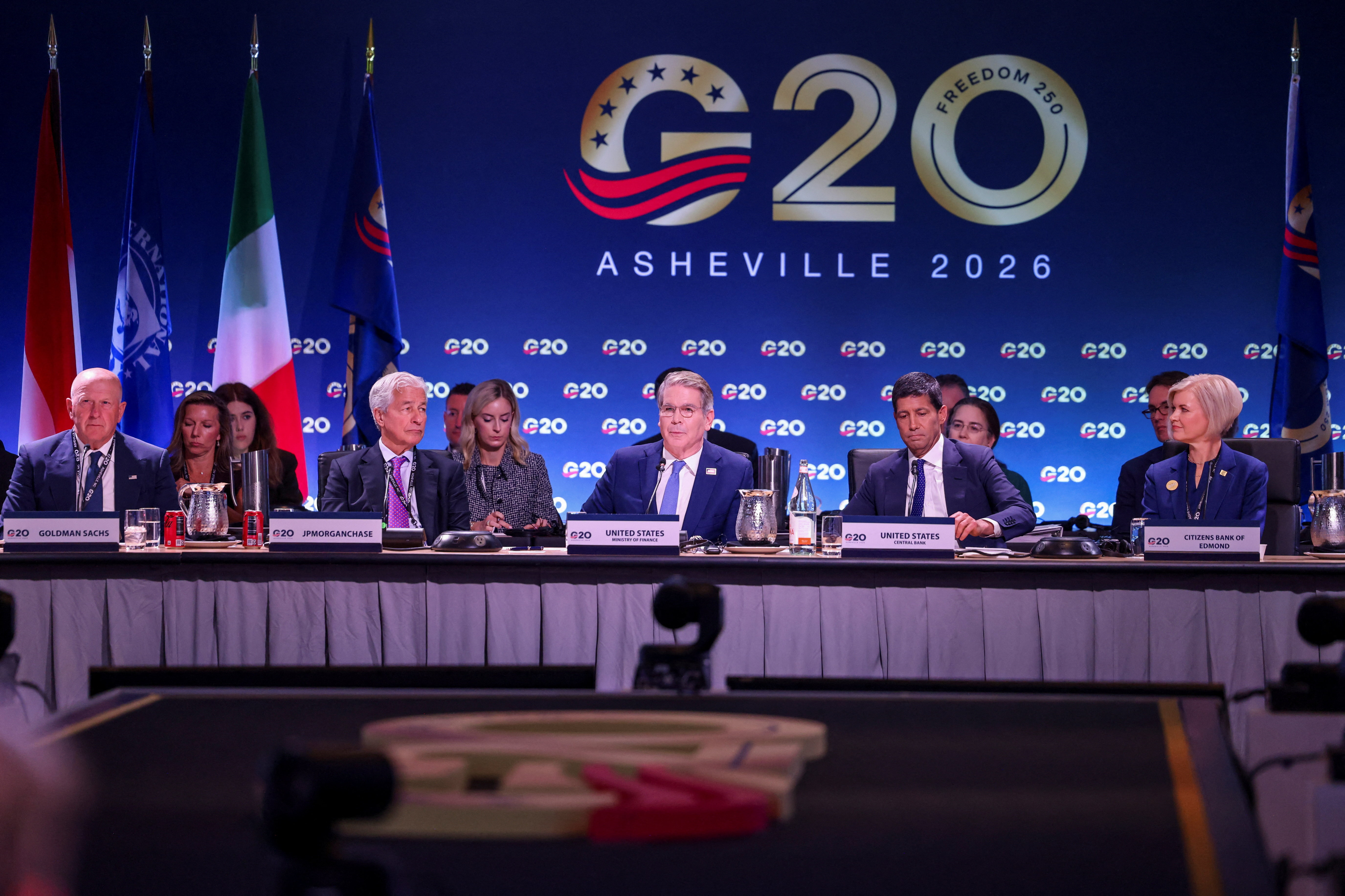 U.S. Treasury Secretary Scott Bessent, Federal Reserve Chair Kevin Warsh, CEO of JPMorgan Chase Jamie Dimon and CEO of Goldman Sachs David M. Solomon attend a plenary session as finance ministers and central bank governors from G20 countries meet in Asheville, North Carolina, U.S., August 31, 2026. REUTERS/Sam Wolfe