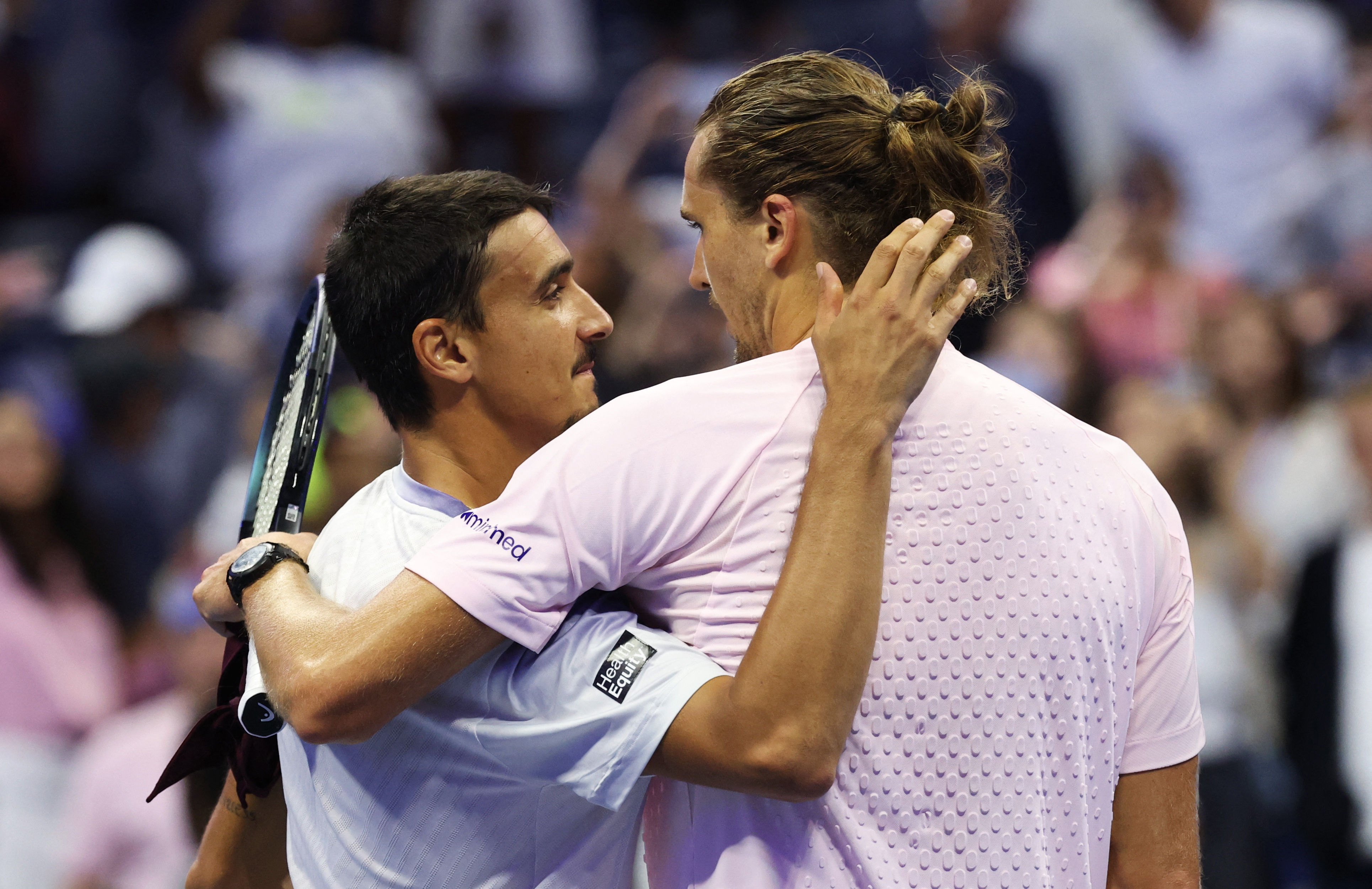 Tennis - U.S. Open - Flushing Meadows, New York, United States - September 2, 2026 Germany's Alexander Zverev speaks with Italy's Lorenzo Sonego after winning his first round match IMAGN IMAGES via Reuters/Geoff Burke