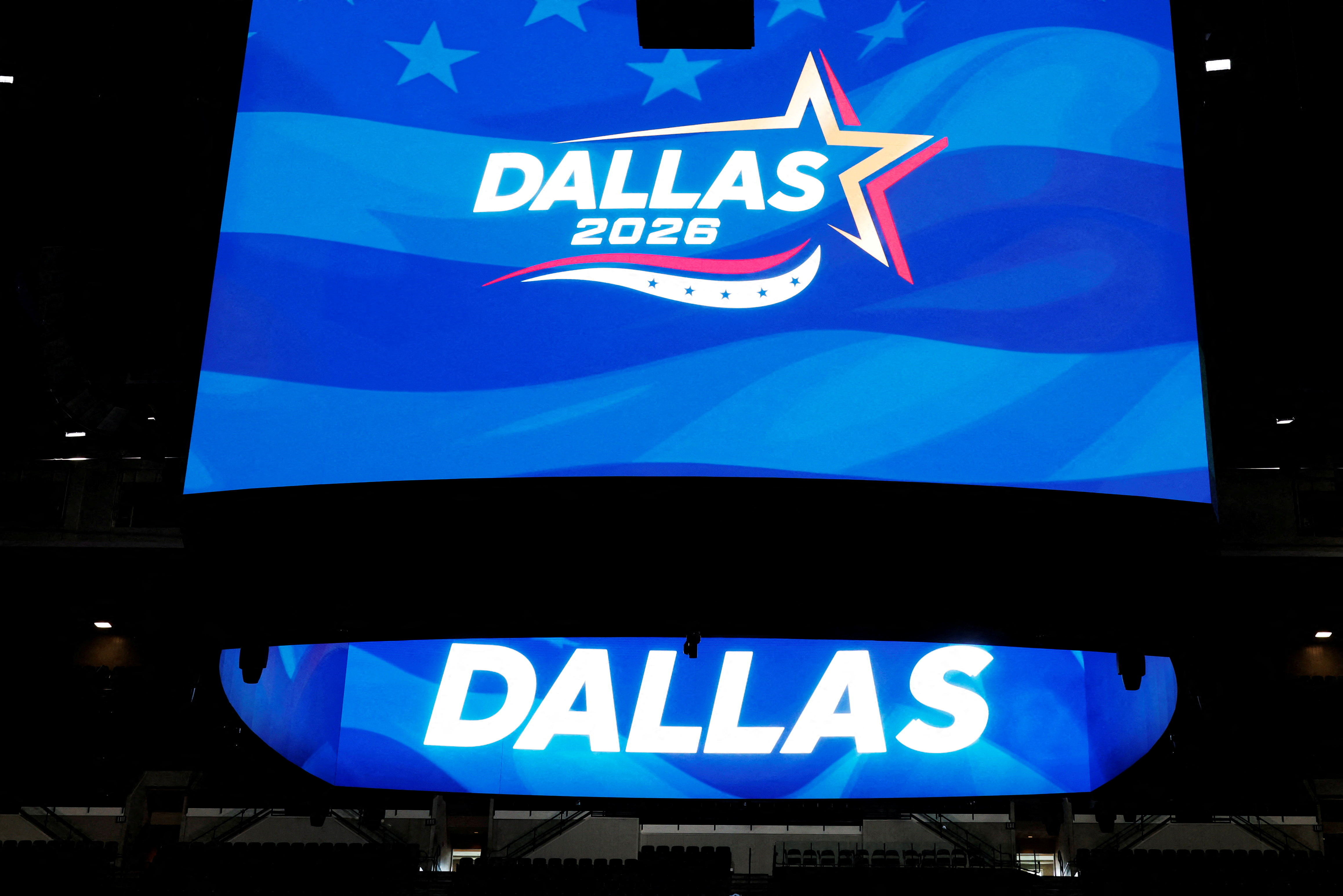 A video board displays the logo for the upcoming Republican midterm convention.