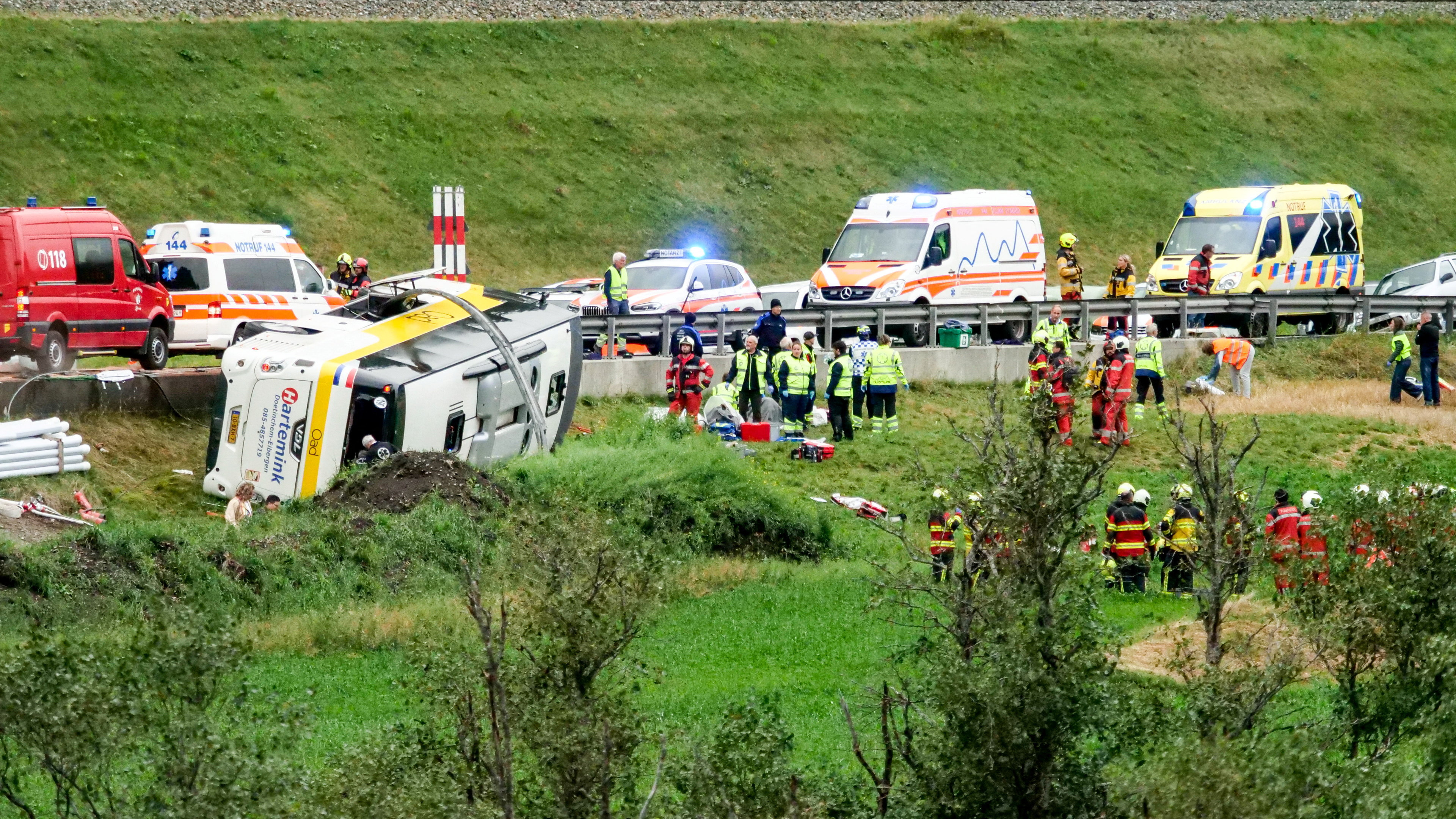 Emergency responders at the site of a crash involving a bus carrying a Dutch tour party, which flipped over in Susch, Switzerland, September 10, 2026. Jon Duschletta/Engadiner Post/Handout via REUTERS THIS IMAGE HAS BEEN SUPPLIED BY A THIRD PARTY. MANDATORY CREDIT. VERIFICATION - Road layout, buildings and a bridge matched archive and satellite imagery of the area. - Date verified by local authorities. - Police on Thursday (September 10) said a number of people were killed and several others injured after a bus carrying a Dutch tour party flipped over in a remote Alpine region of eastern Switzerland.