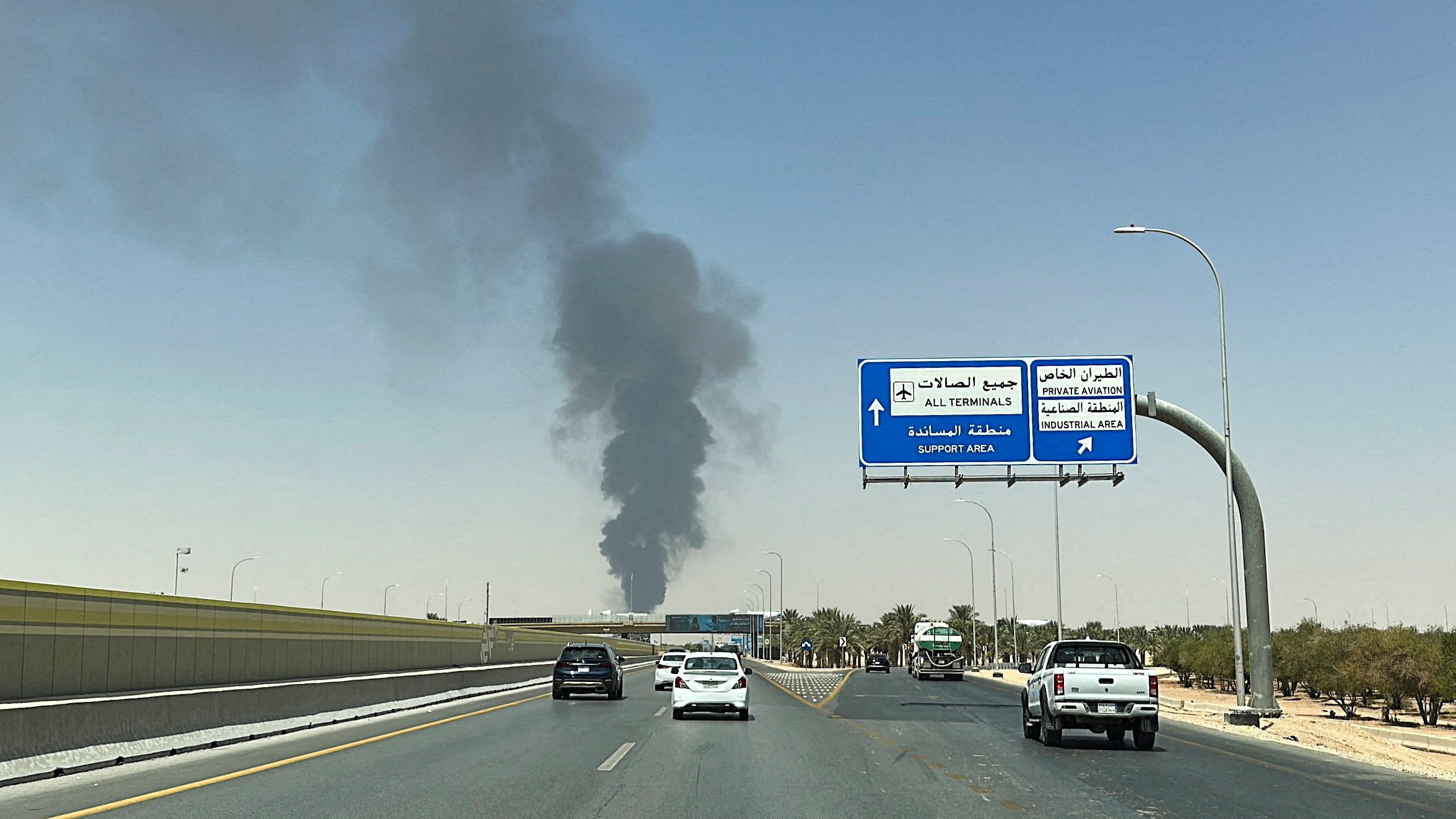 Large plume of black smoke rises from the fuel storage area at King Khalid International Airport, in Riyadh, Saudi Arabia, September 19, 2026. Picture taken with a mobile phone. REUTERS/Stringer