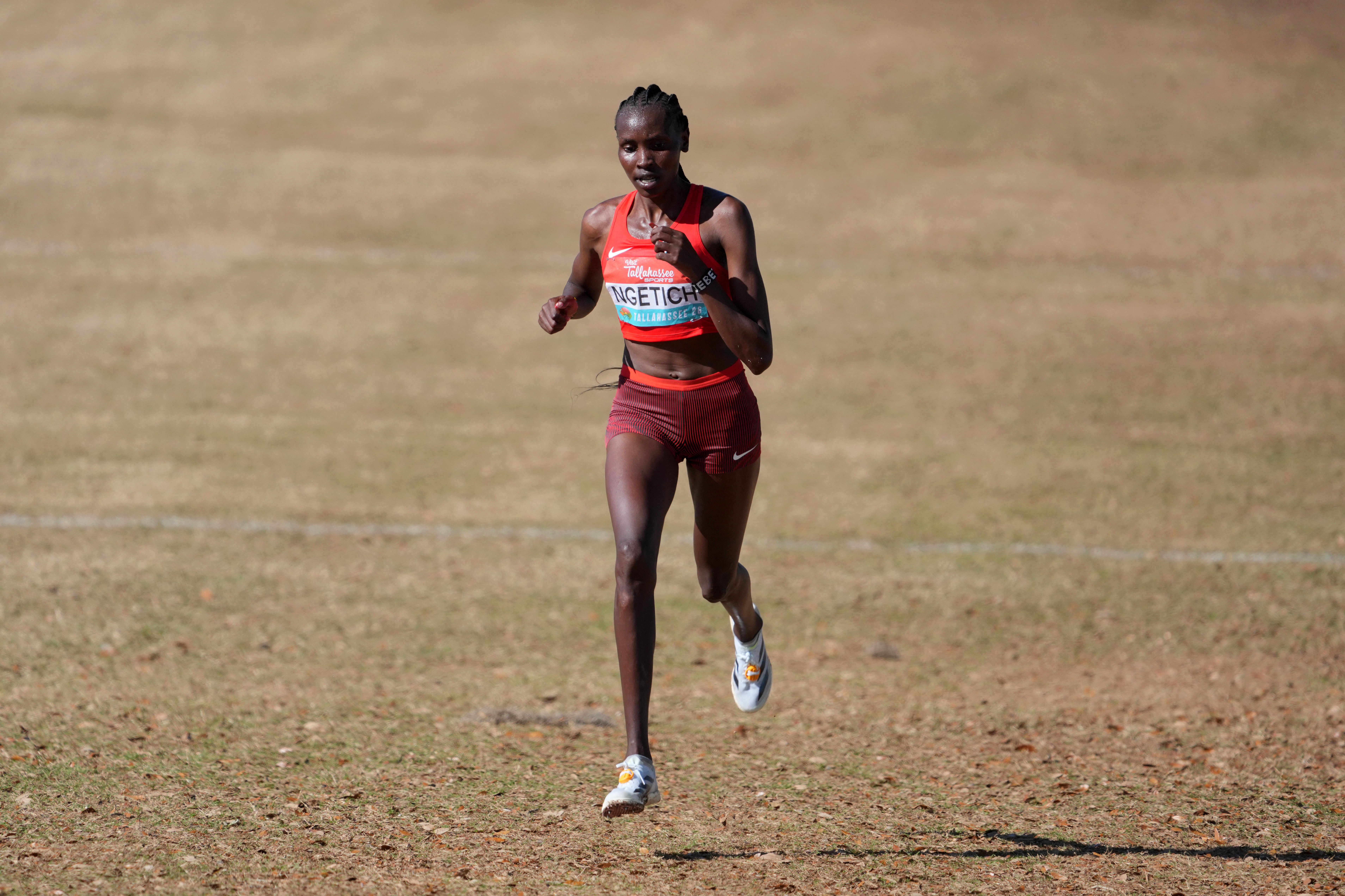 Jan 10, 2026; Tallahassee, FL, USA; Agnes Jebet Ngetich (KEN) wins the senior women's race in 31:28 during the World Athletics Cross Country Championships Tallahassee 26 at Apalachee Regional Park. Mandatory Credit: Kirby Lee-Imagn Images