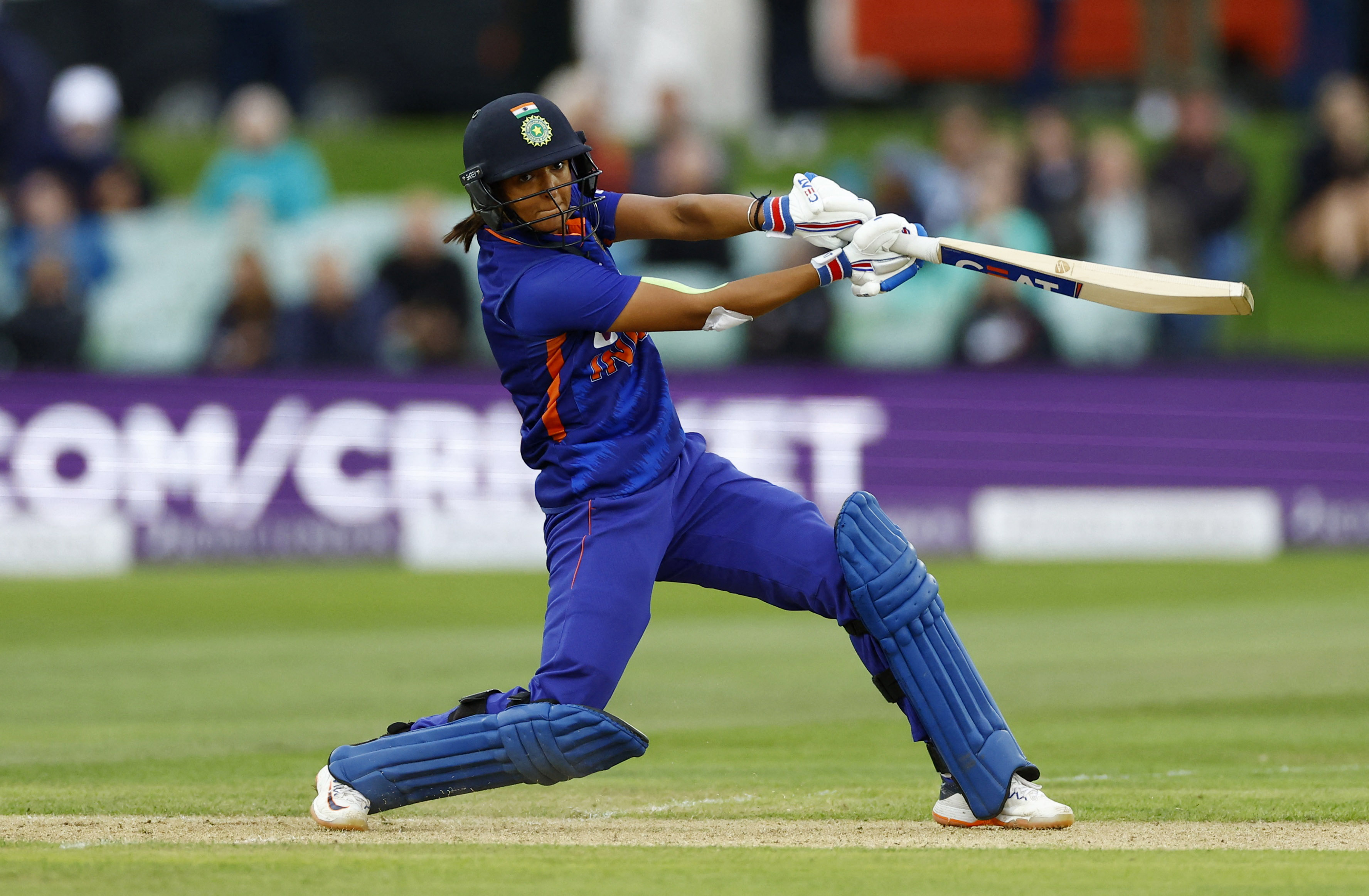 Cricket - Women's One Day International Series - England v India - The Spitfire Ground St Lawrence, Canterbury, Britain - September 21, 2022 India's Harmanpreet Kaur hits a six Action Images via Reuters/Andrew Boyers