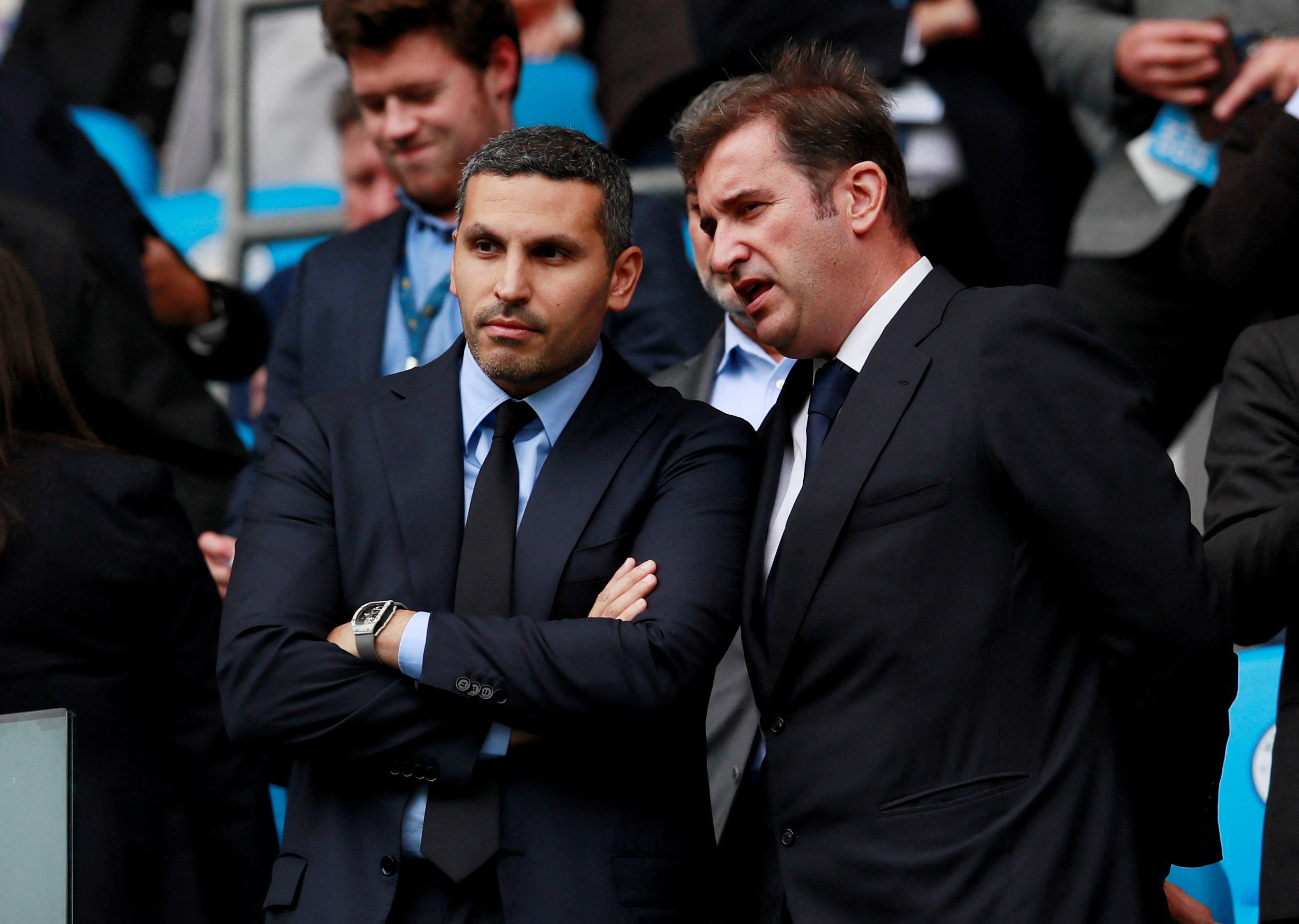 Manchester City Chairman Khaldoon Al Mubarak (L) with chief executive Ferran Soriano