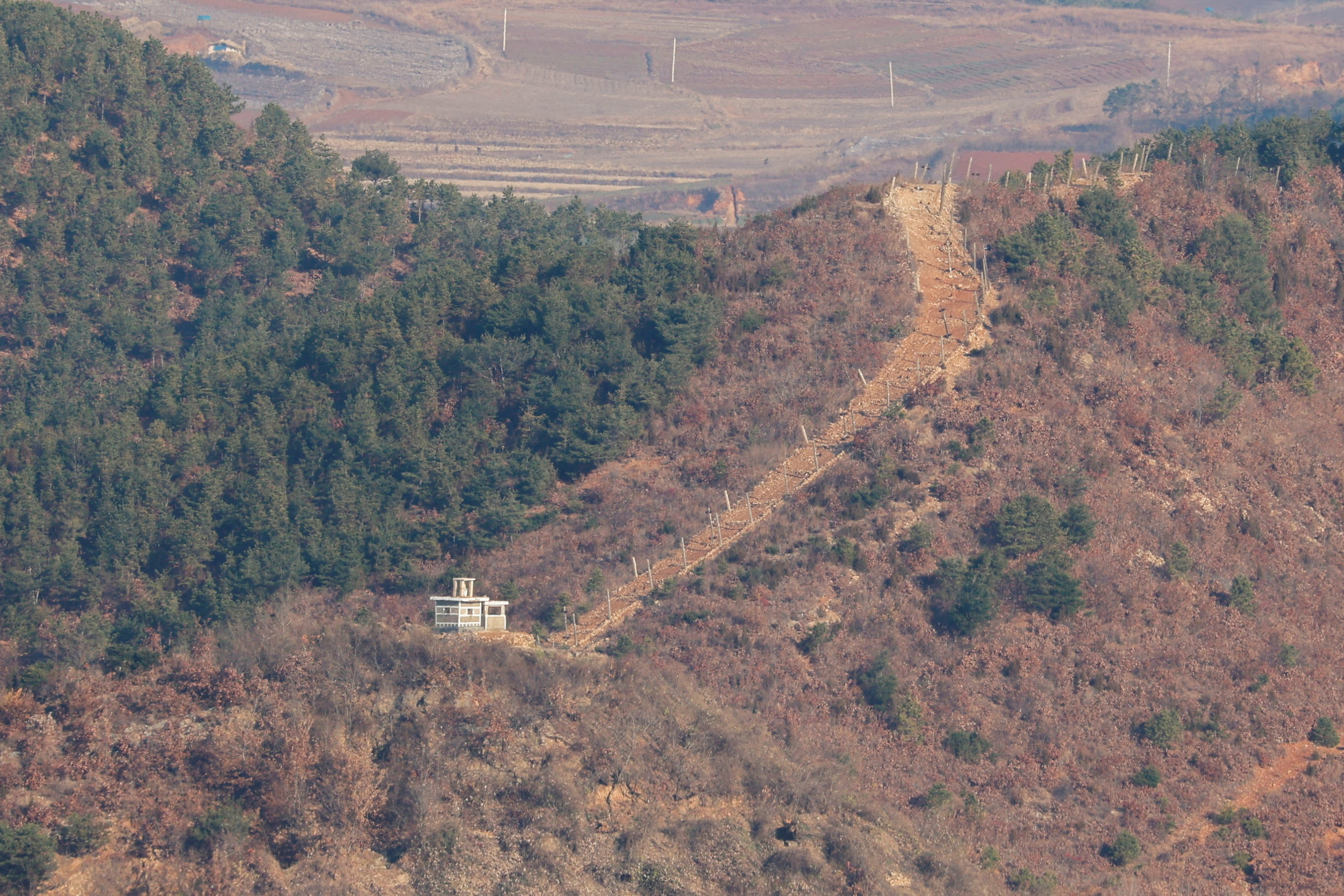 A view shows North Korea's guard post in this picture taken from the top of the Aegibong Peak Observatory, south of the demilitarised zone