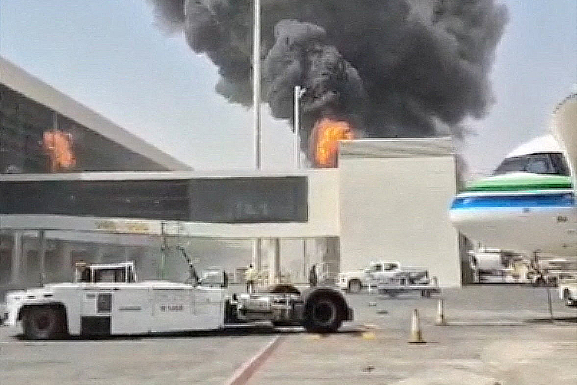 Smoke and flames rise from King Khalid Airport, after Yemen's Iran-backed Houthis said they attacked the airport, in Riyadh, Saudi Arabia, October 8, 2026, in this screengrab obtained from a social media video