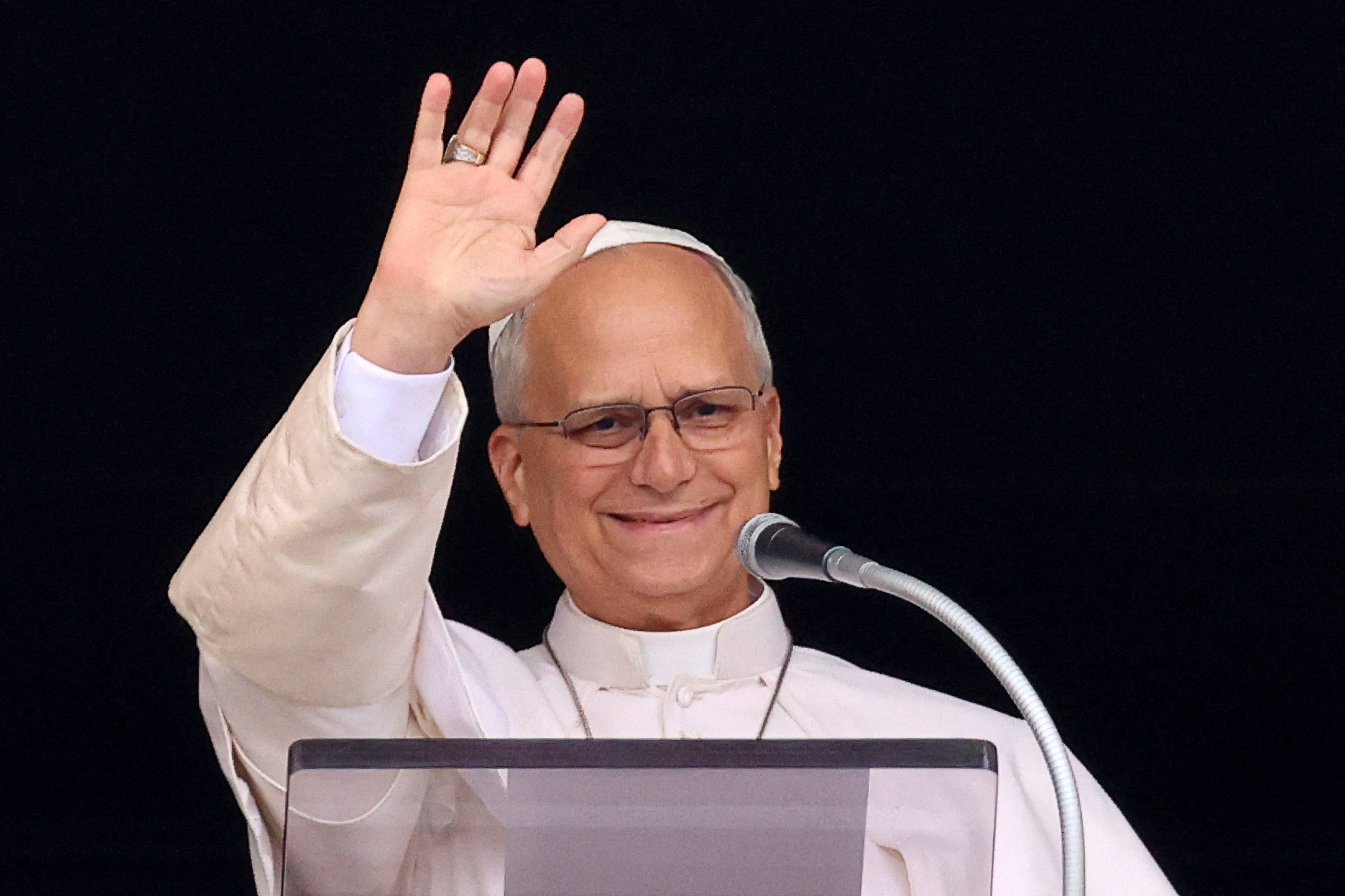 Pope Leo leads the Angelus prayer from a window of the Apostolic Palace, following his discharge from hospital after surgery for lung cancer, at the Vatican, October 18, 2026. [Yara Nardi/Reuters]