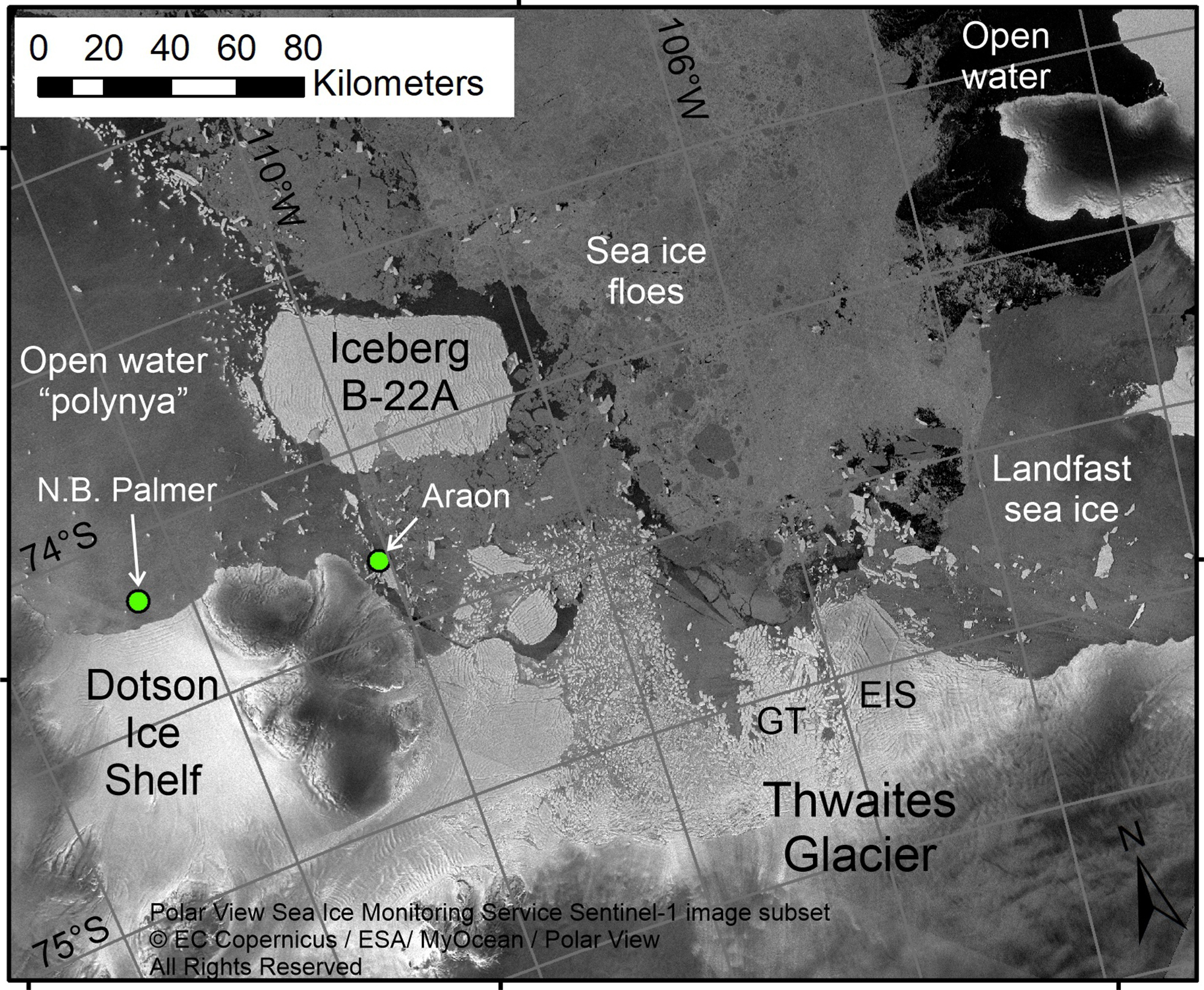 This 2022 satellite image from the European Space Agency, annotated by marine geophysicist Robert Larter, shows the positions of research vessels RVIB Nathaniel B Palmer and the RV Araon on ice shelf areas extending from Thwaites glacier in Antarctica. ‘EIS’ indicates the Eastern Ice Shelf, where research was conducted in 2020, and which recently published studies have suggested is likely to break up sometime within the next two decades