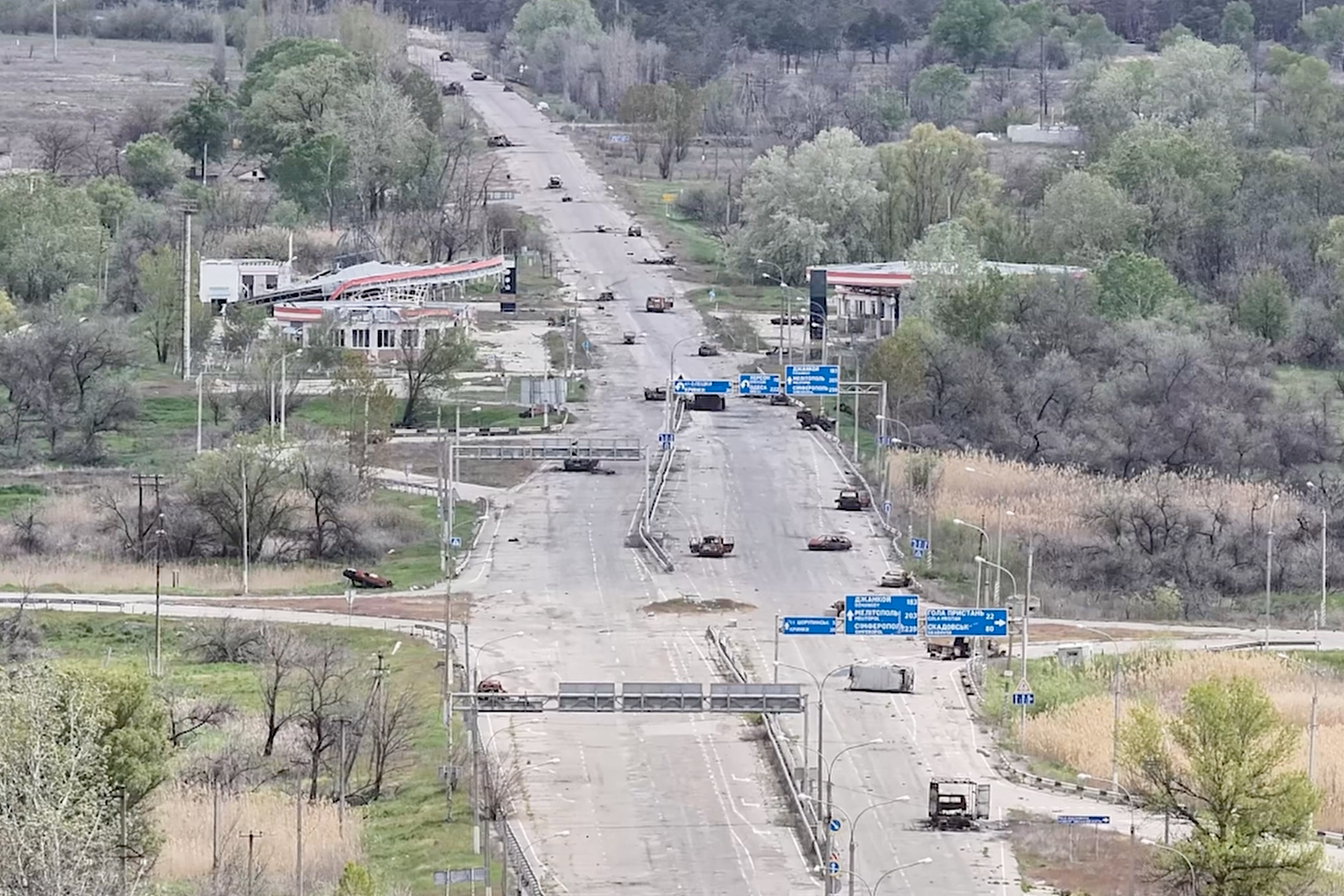 In this undated image from video provided by the Ukrainian 34th Separate Marine Brigade "Borysfen" on Sept. 30, 2026, destroyed cars are seen on a highway from the Russian-occupied city of Oleshky in the Kherson region of Ukraine.