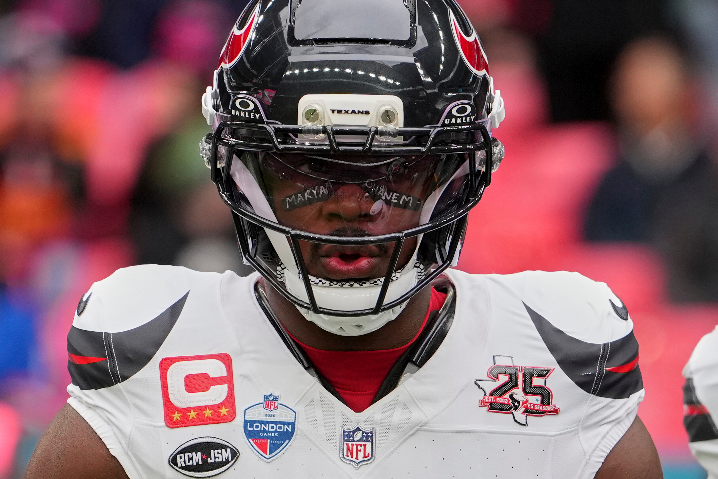 Houston Texans linebacker Azeez al-Shaair (0) warms-up before an NFL football game against Jacksonville Jaguars in London, Sunday, Oct. 18, 2026. (AP Photo/Kin Cheung)