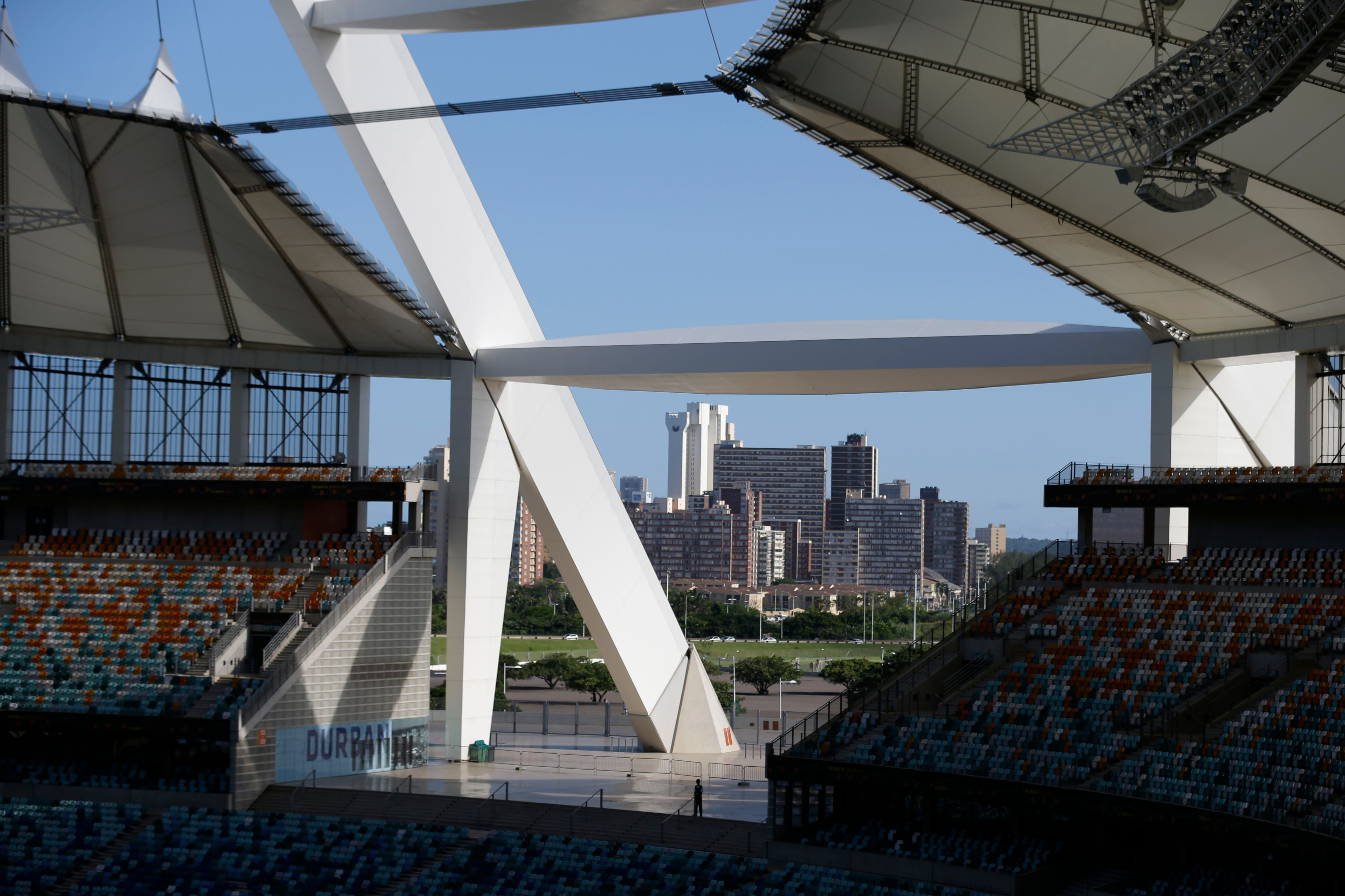 Durban's central business district is seen through an opening in Moses Mabhida Stadium, in Durban, South Africa