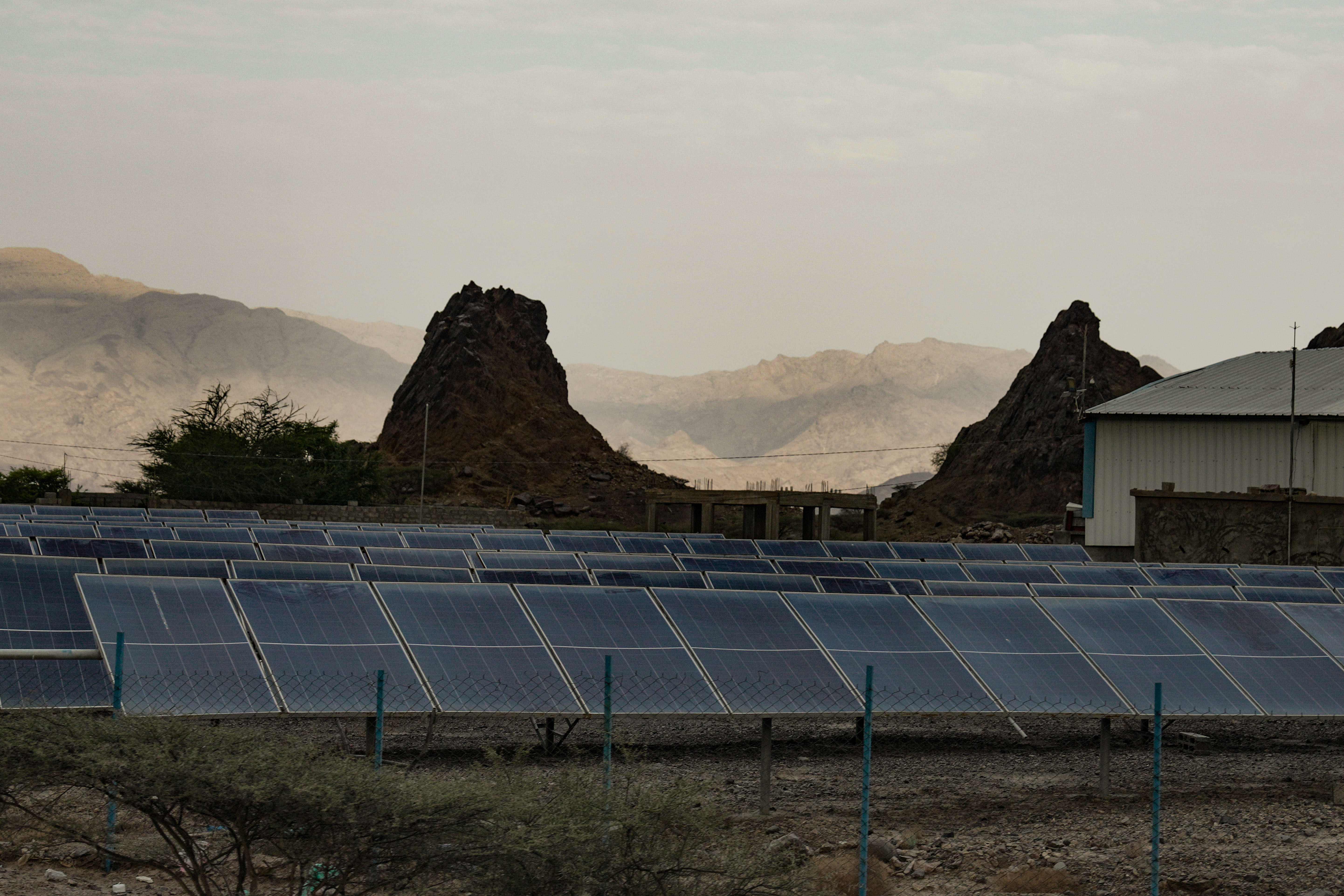 Solar panels in Aden, one of the alternatives increasingly used as the public electricity supply has become less reliable. Homes, schools and hospitals rely on solar systems, batteries and generators for basic needs, though access to these alternatives varies widely.
