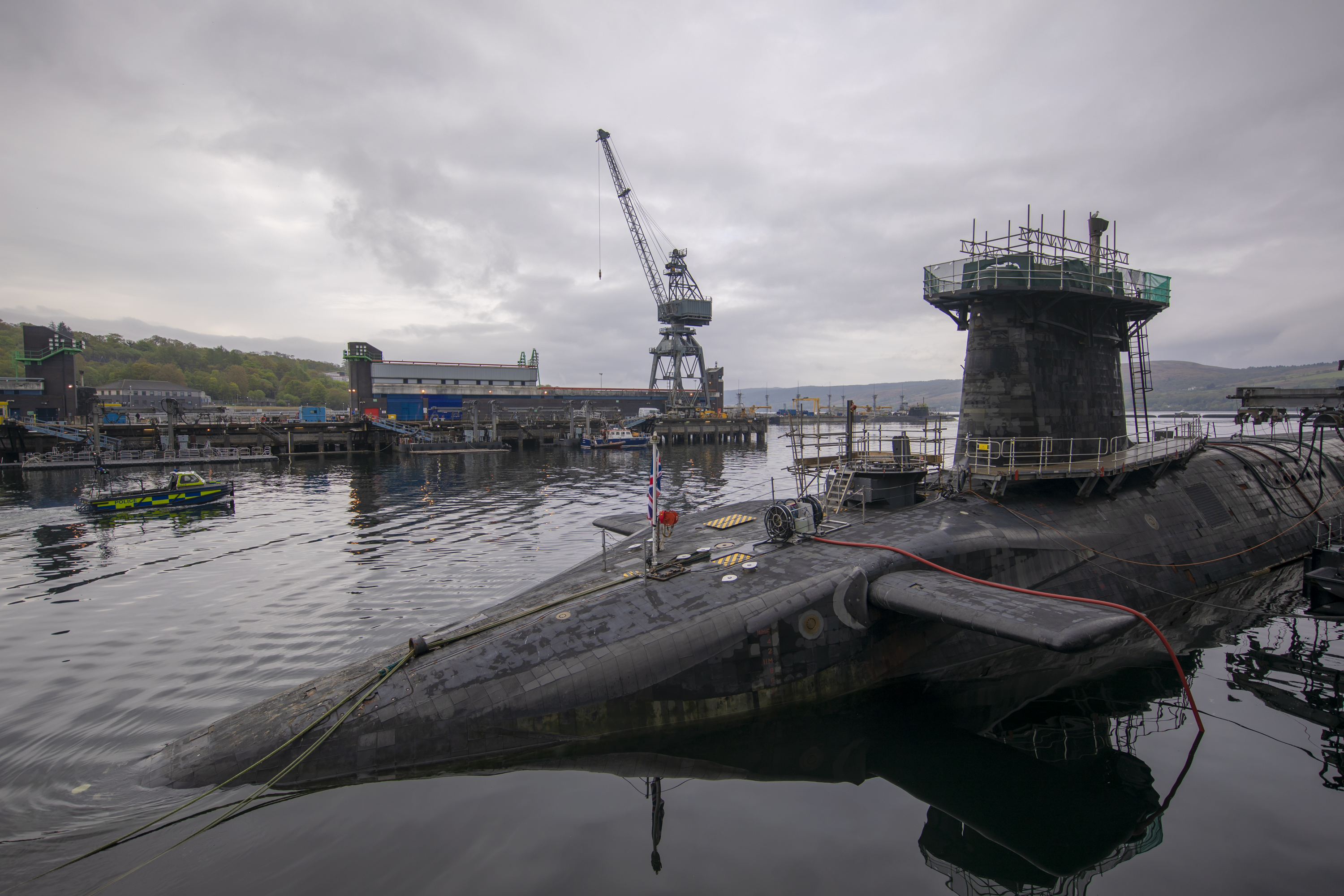 A view of HMS Vigilant, which carries the UK’s Trident nuclear deterrent, on April 29, 2019 in Faslane, Scotland