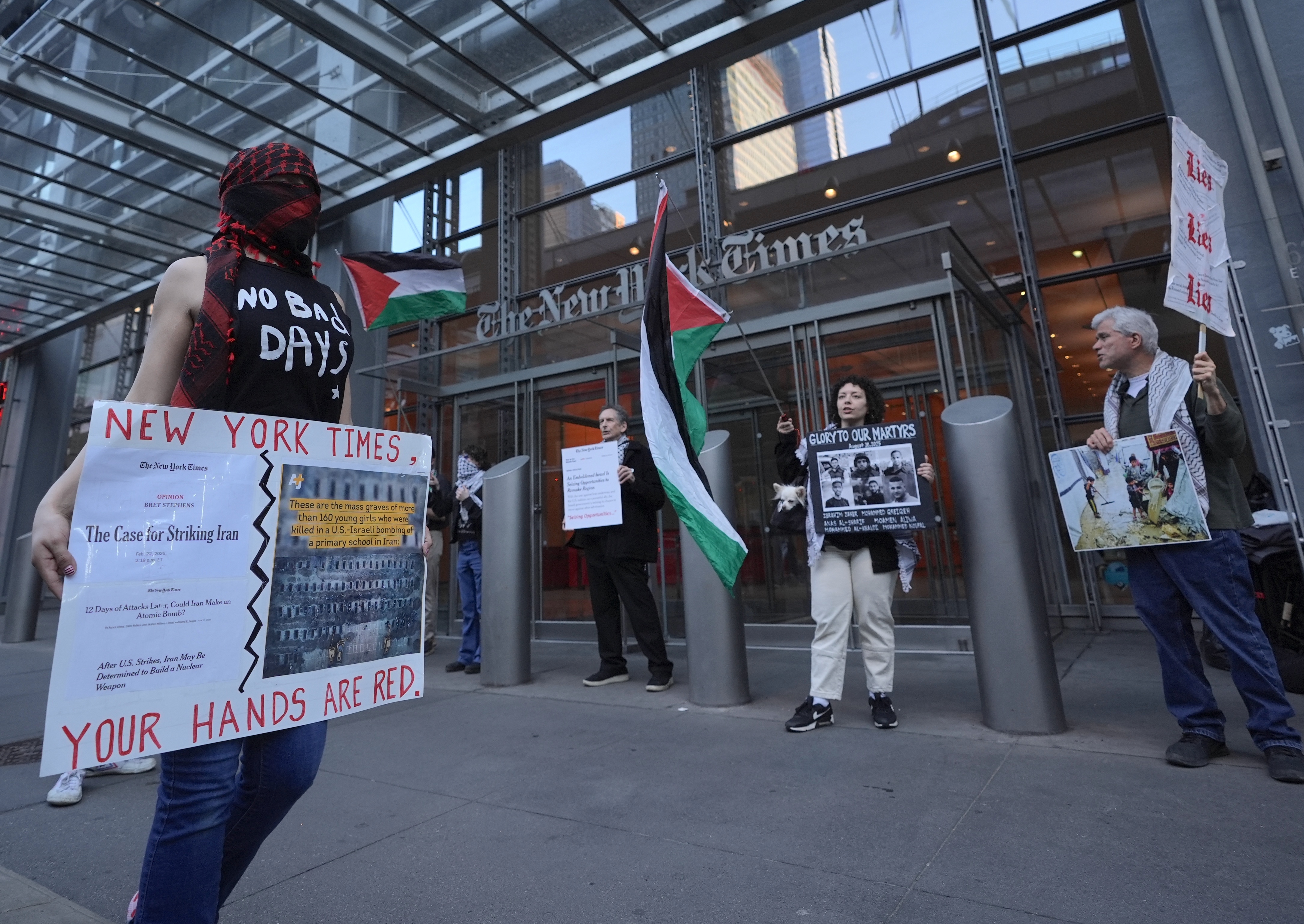 Pro-Palestine activists rally outside The New York Times building to protest against its coverage of Israel’s genocidal war on Gaza and the US-Israel war on Iran, in New York, US, March 9, 2026