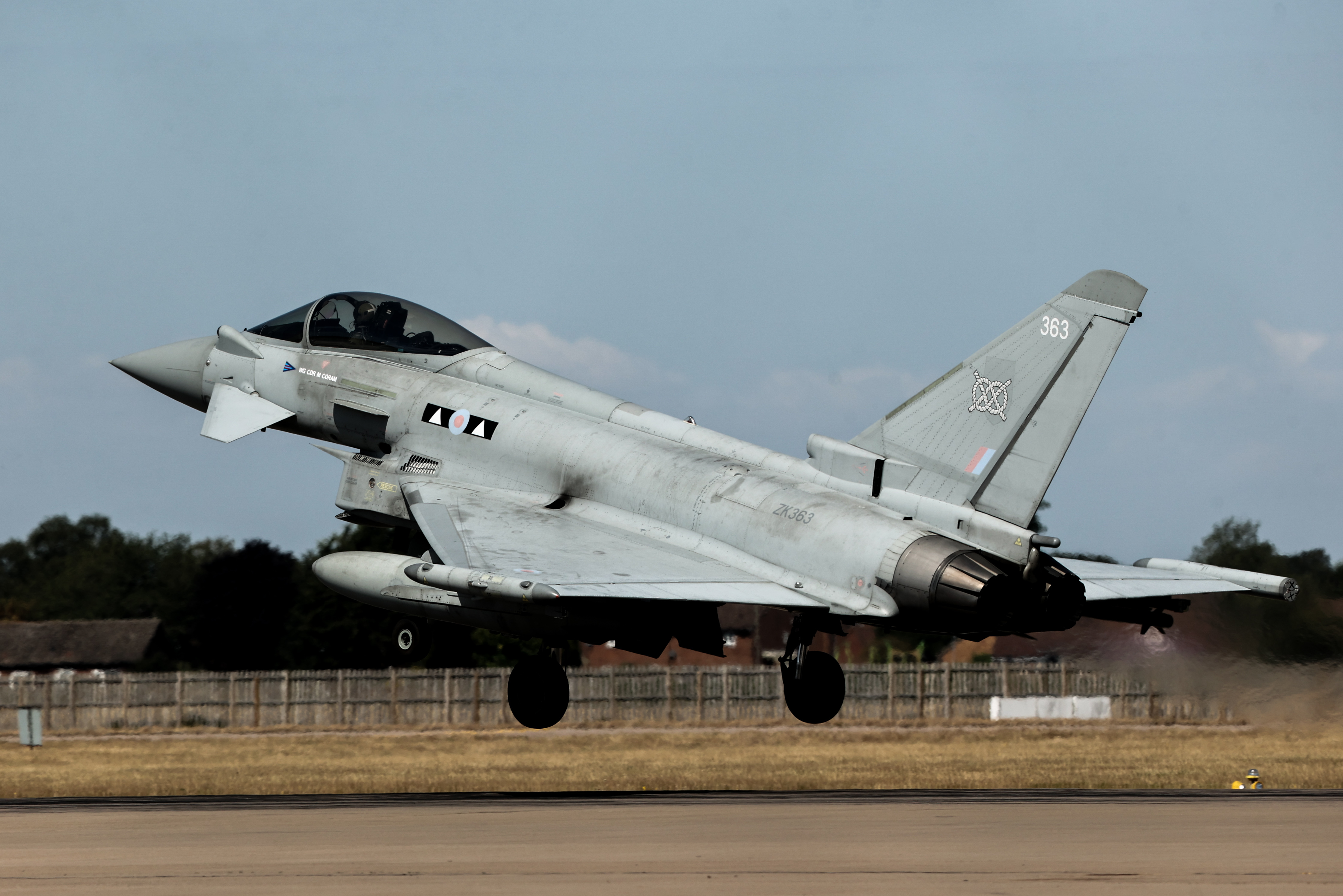 Eurofighter Typhoons position for landing at RAF Coningsby in Coningsby, United Kingdom.