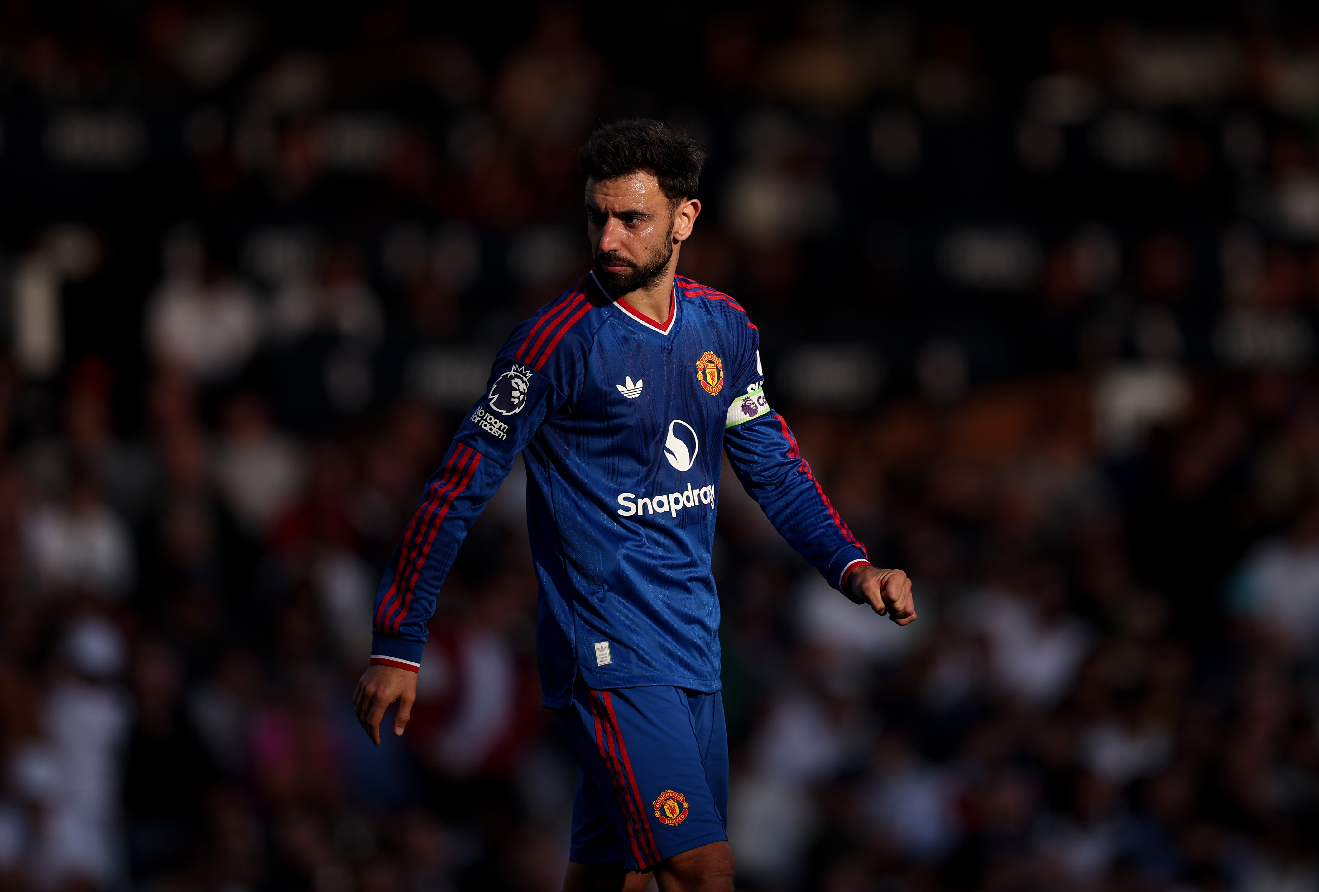 LONDON, ENGLAND - SEPTEMBER 20: Bruno Fernandes of Manchester United looks on during the Premier League 2026/27 match between Fulham and Manchester United at Craven Cottage on September 20, 2026 in London, England. (Photo by Julian Finney/Getty Images)