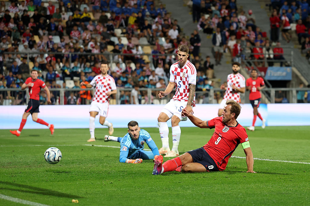 Harry Kane of England scores his team’s fifth goal during the UEFA Nations League 2026/27 group phase match between Croatia and England