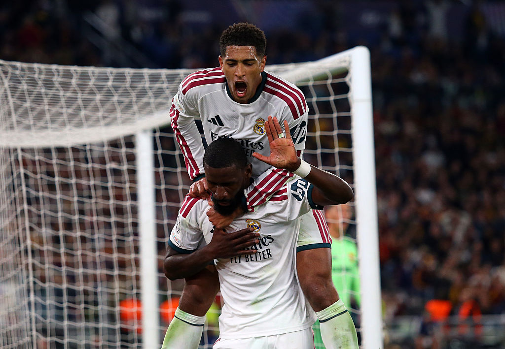 Antonio Rudiger of Real Madrid celebrates scoring his team’s fourth goal with Jude Bellingham during the UEFA Champions League 2026/27 League Phase MD2 match between AS Roma and Real Madrid