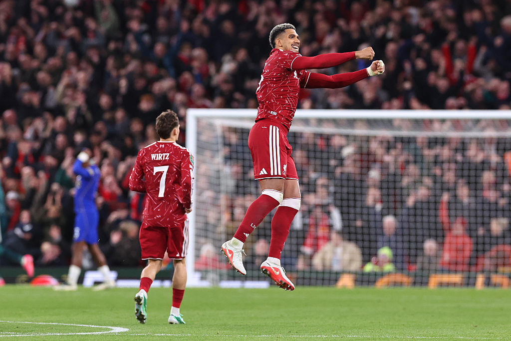 Ronald Araujo of Liverpool celebrates winning the penalty shoot out during the Carabao Cup Fourth Round match between Liverpool and Chelsea