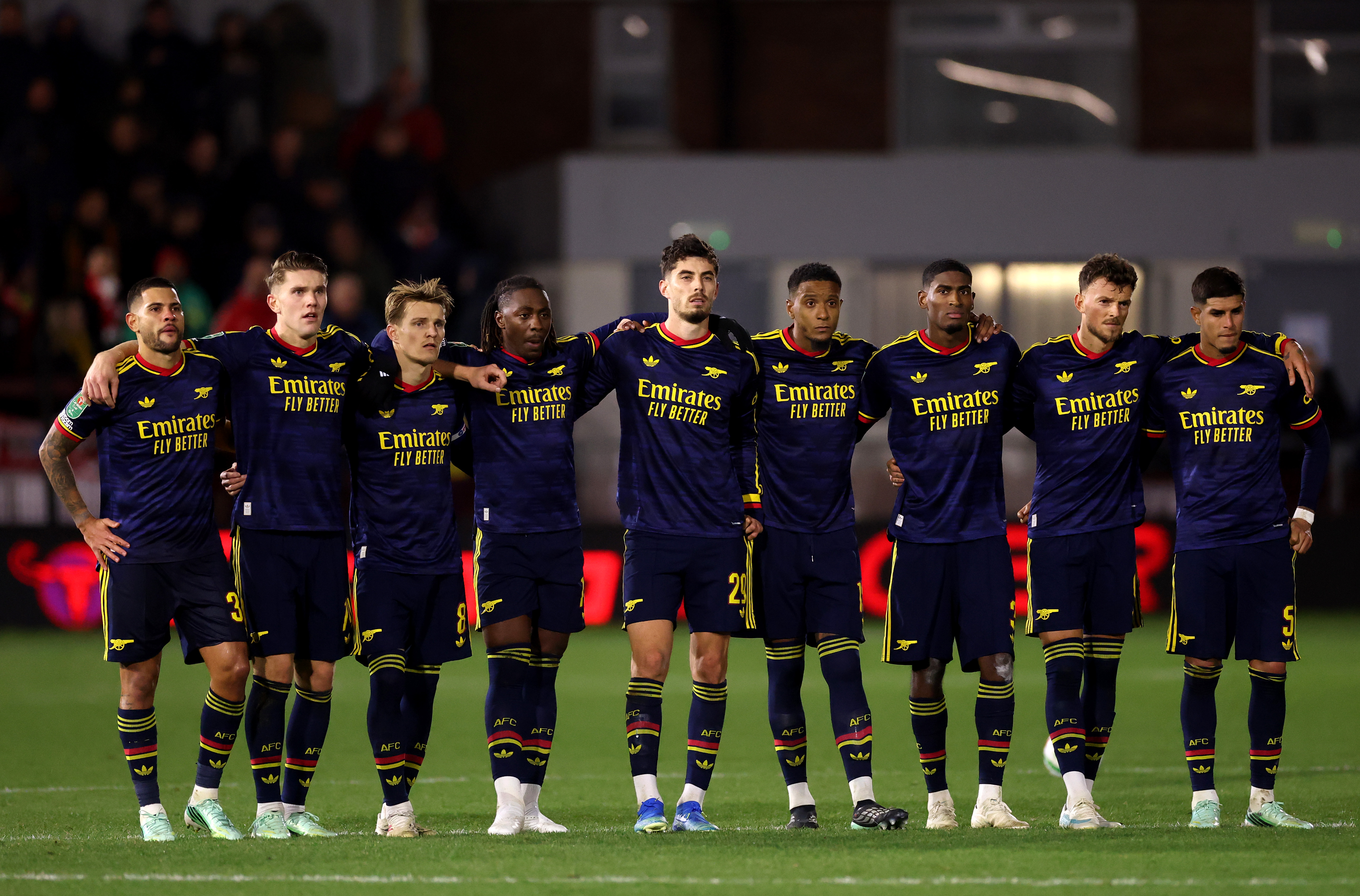 FLEETWOOD, ENGLAND - OCTOBER 27: Arsenal players line up for the penalty shootout during the Carabao Cup Fourth Round match between Fleetwood Town and Arsenal at Highbury Stadium on October 27, 2026 in Fleetwood, England. (Photo by Carl Recine/Getty Images)