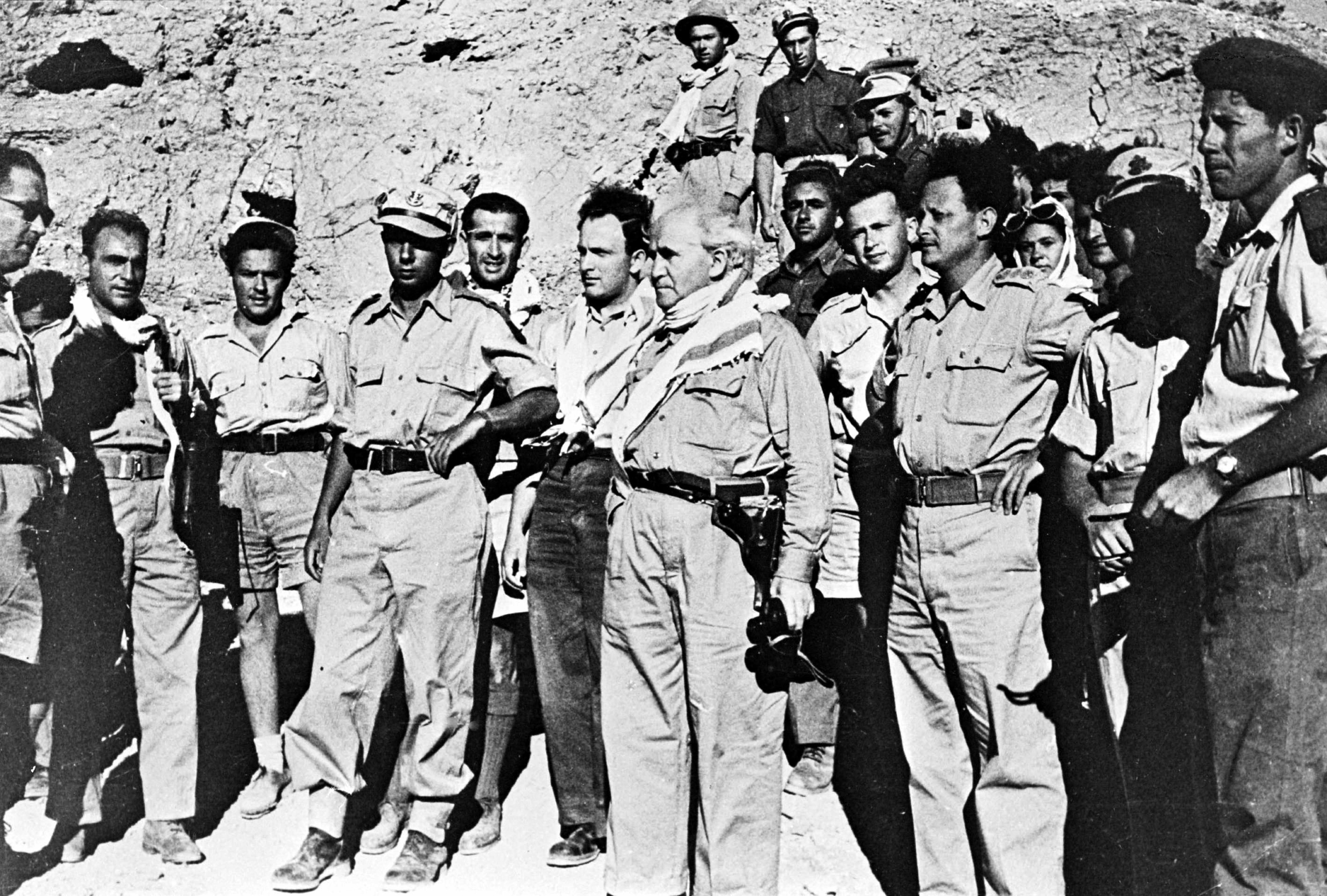 Prime Minister David Ben-Gurion (centre, front) with Israeli officers in 1949