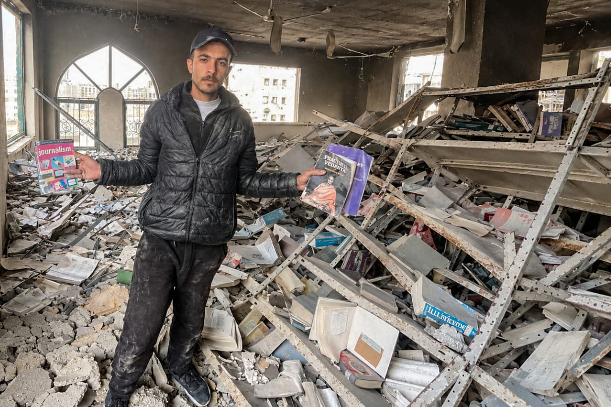 Omar Hamad salvages books from the library of the Islamic University of Gaza.