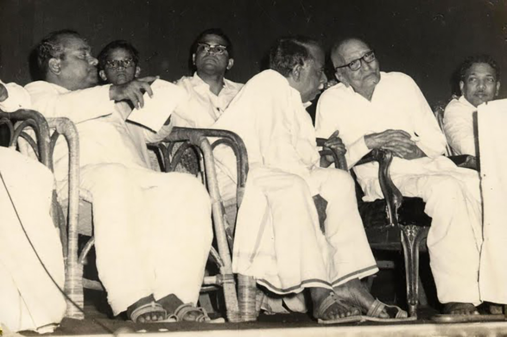 Tamil leaders including CN Annadurai (middle), C Rajagopalachari (second from right) and M Karunanidhi (extreme right) [Courtesy of Creative Commons]