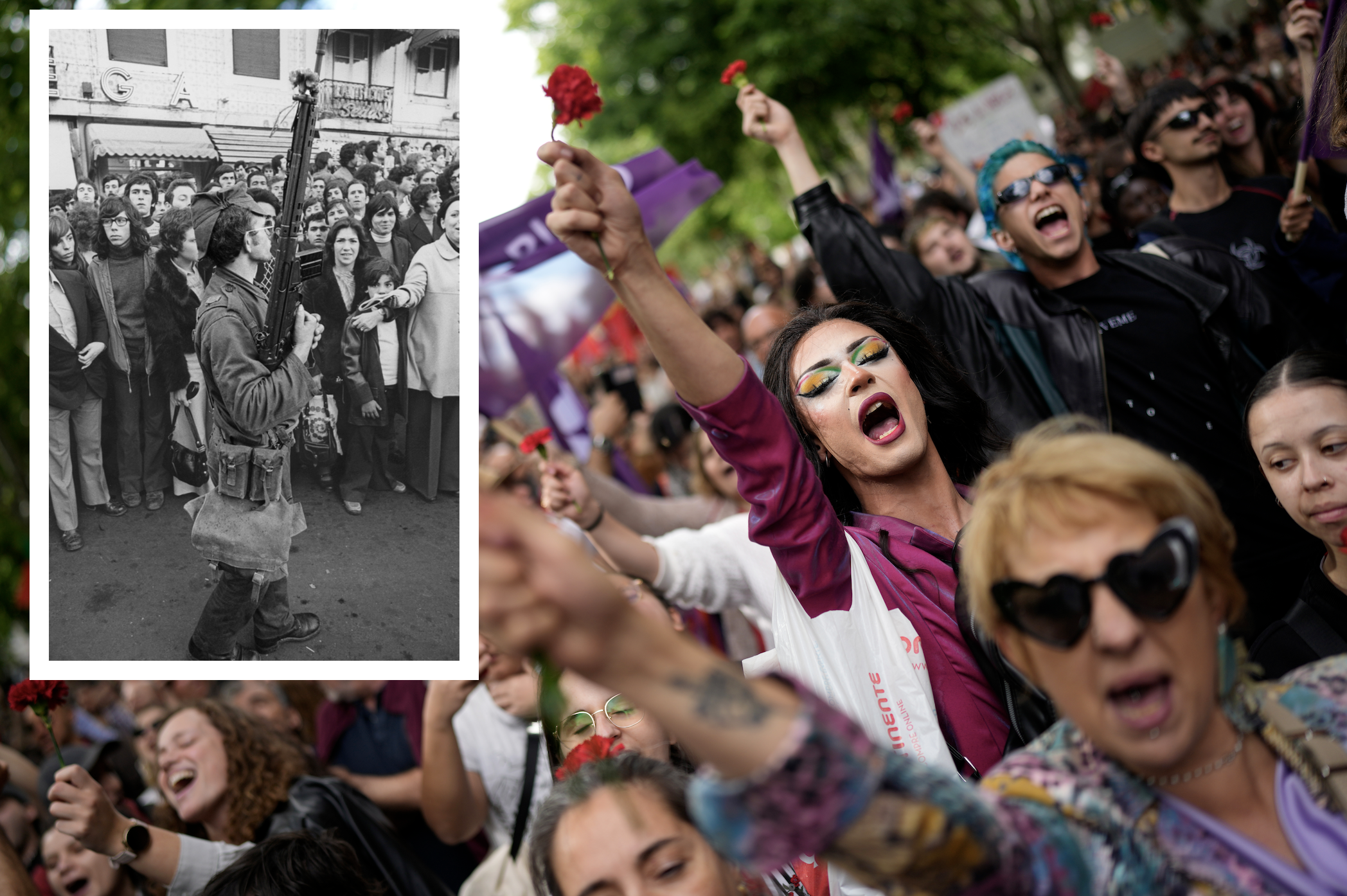 Holding red carnations and shouting "Fascism never again" while marching in Lisbon to celebrate the 50th anniversary of the Carnation Revolution, April 25, 2024 [Armando Franca/AP] Inset, a Portuguese soldier with a carnation in his machine-gun barrel talks to a crowd in Lisbon, April 28, 1974 [AP]