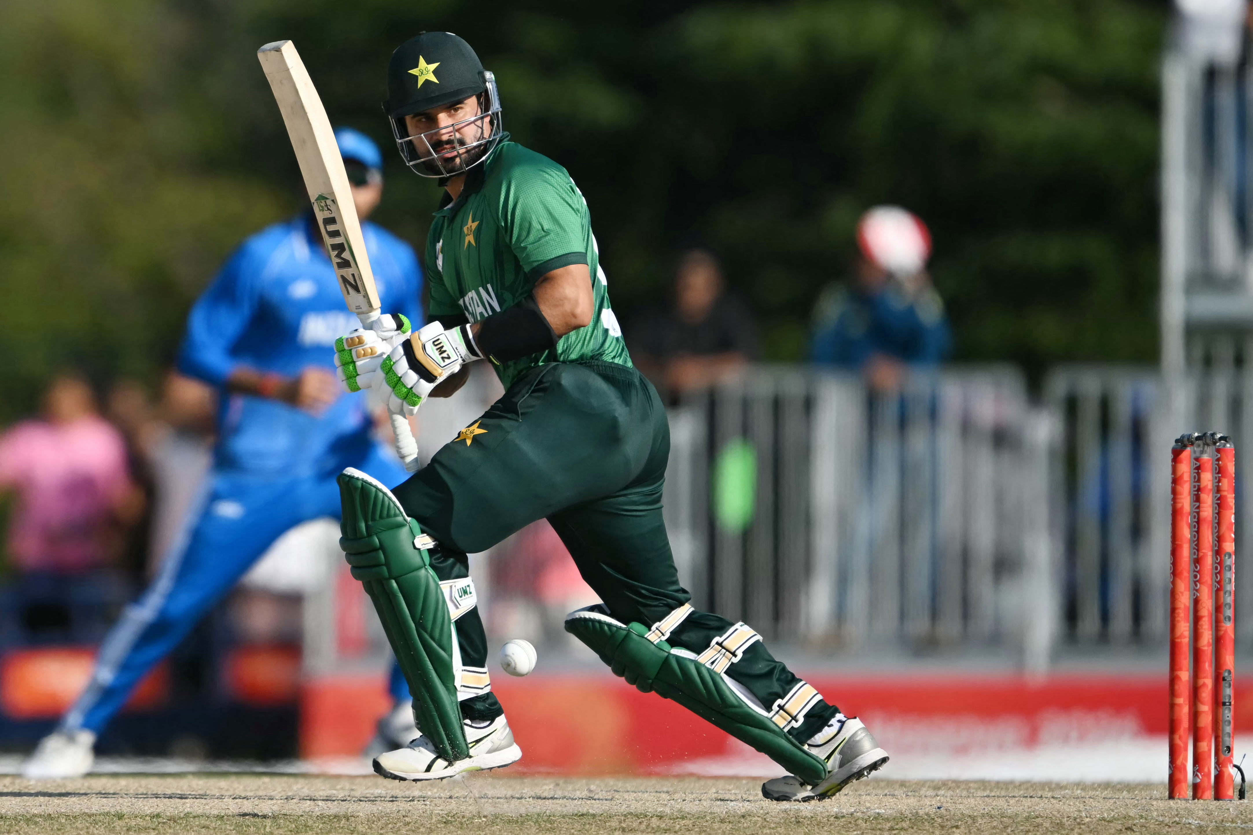 Pakistan's Sahibzada Farhan plays a shot.