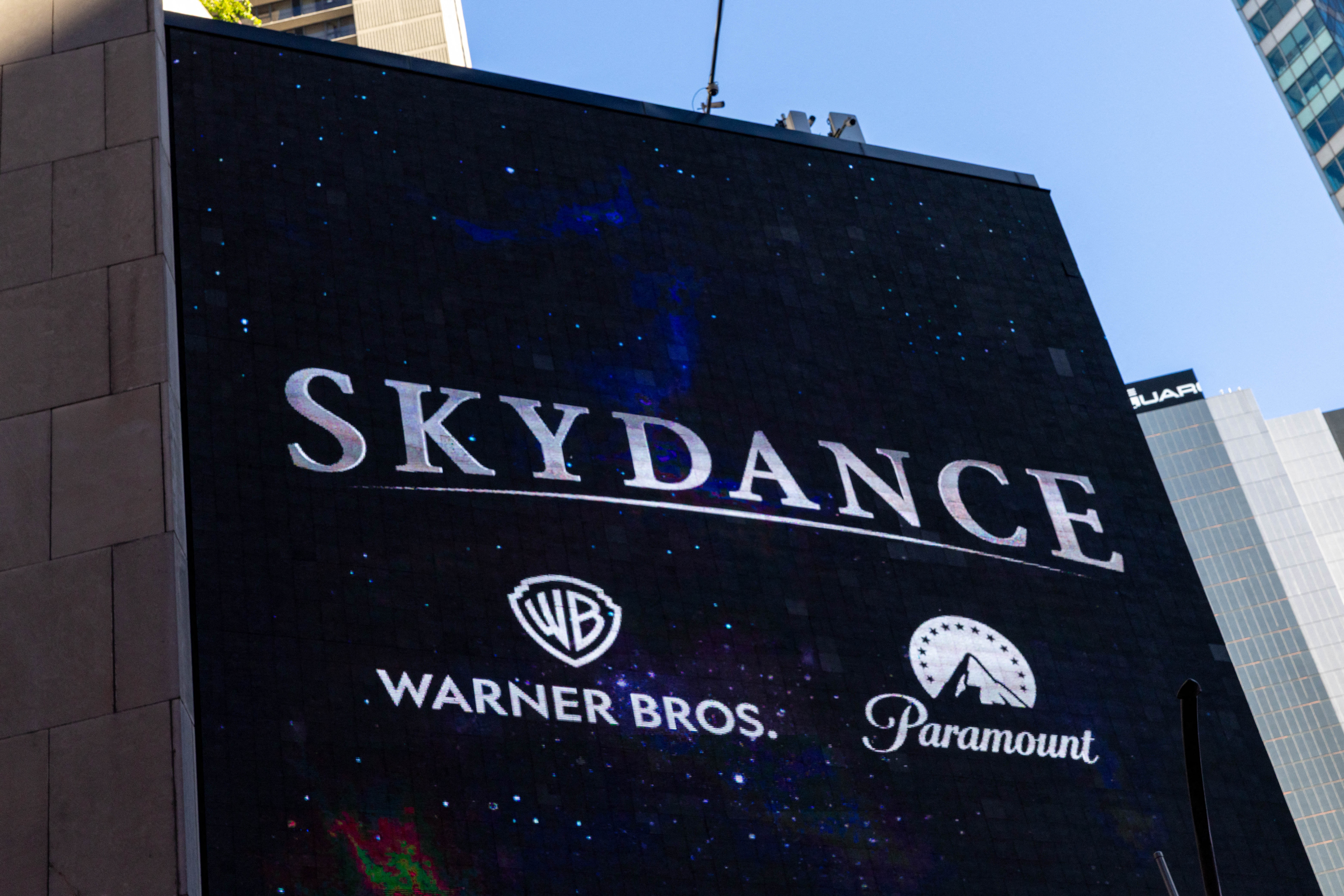 NEW YORK, NEW YORK - OCTOBER 6: A Skydance billboard outside of Paramount Global headquarters in Times Square, on October 6, 2026 in New York, New York. Paramount's $110 billion acquisition of Warner Bros. Discovery closed Tuesday. The new company is called Skydance and trades under the ticker "SKYD." Adam Gray/Getty Images/AFP (Photo by Adam Gray / GETTY IMAGES NORTH AMERICA / Getty Images via AFP)