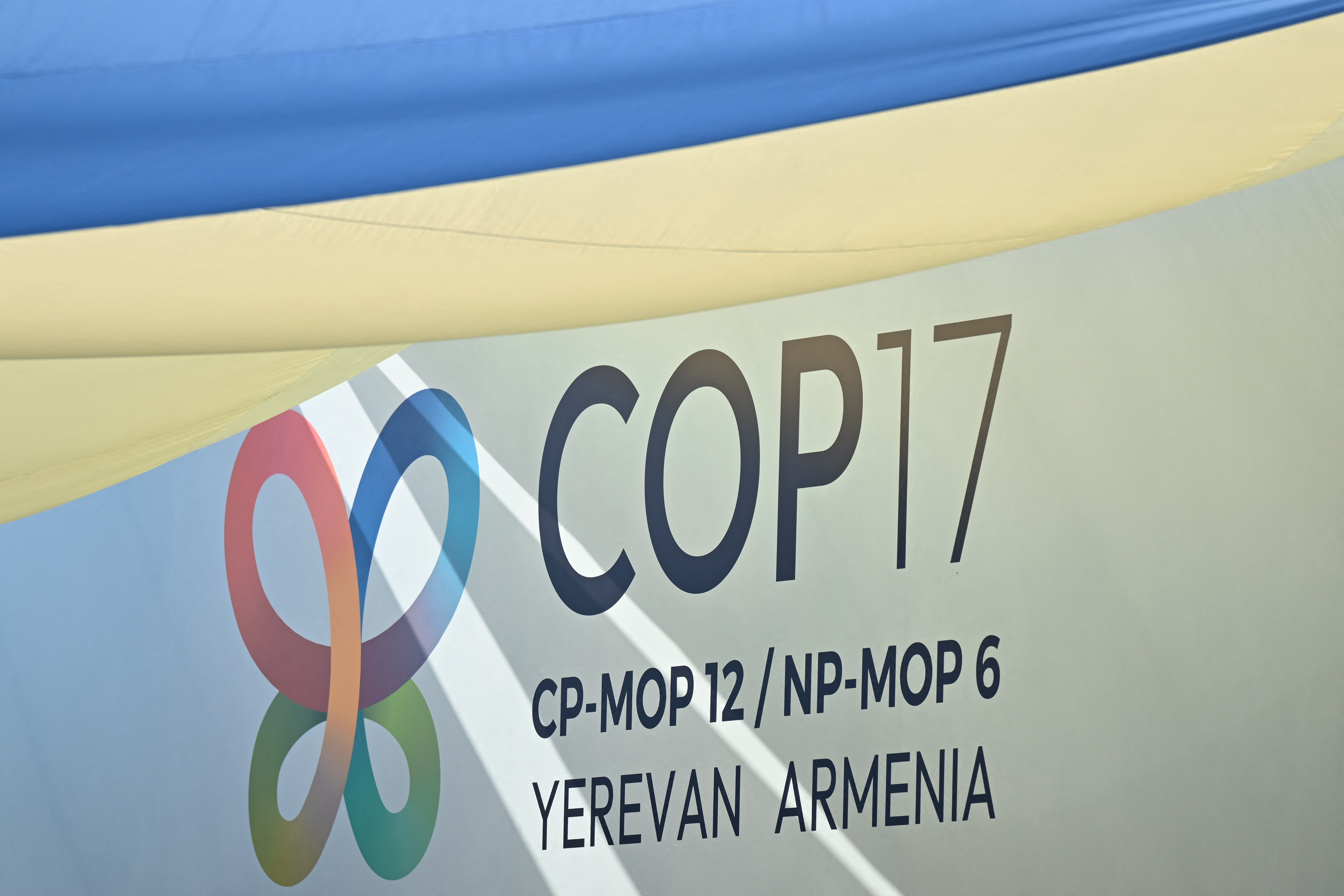 A picture shows branding for the 17th meeting of the Conference of the Parties (COP 17) to the Convention on Biological Diversity (CBD) at a COP 17 venue in the Armenian capital of Yerevan on October 19, 2026. (Photo by STRINGER / AFP)