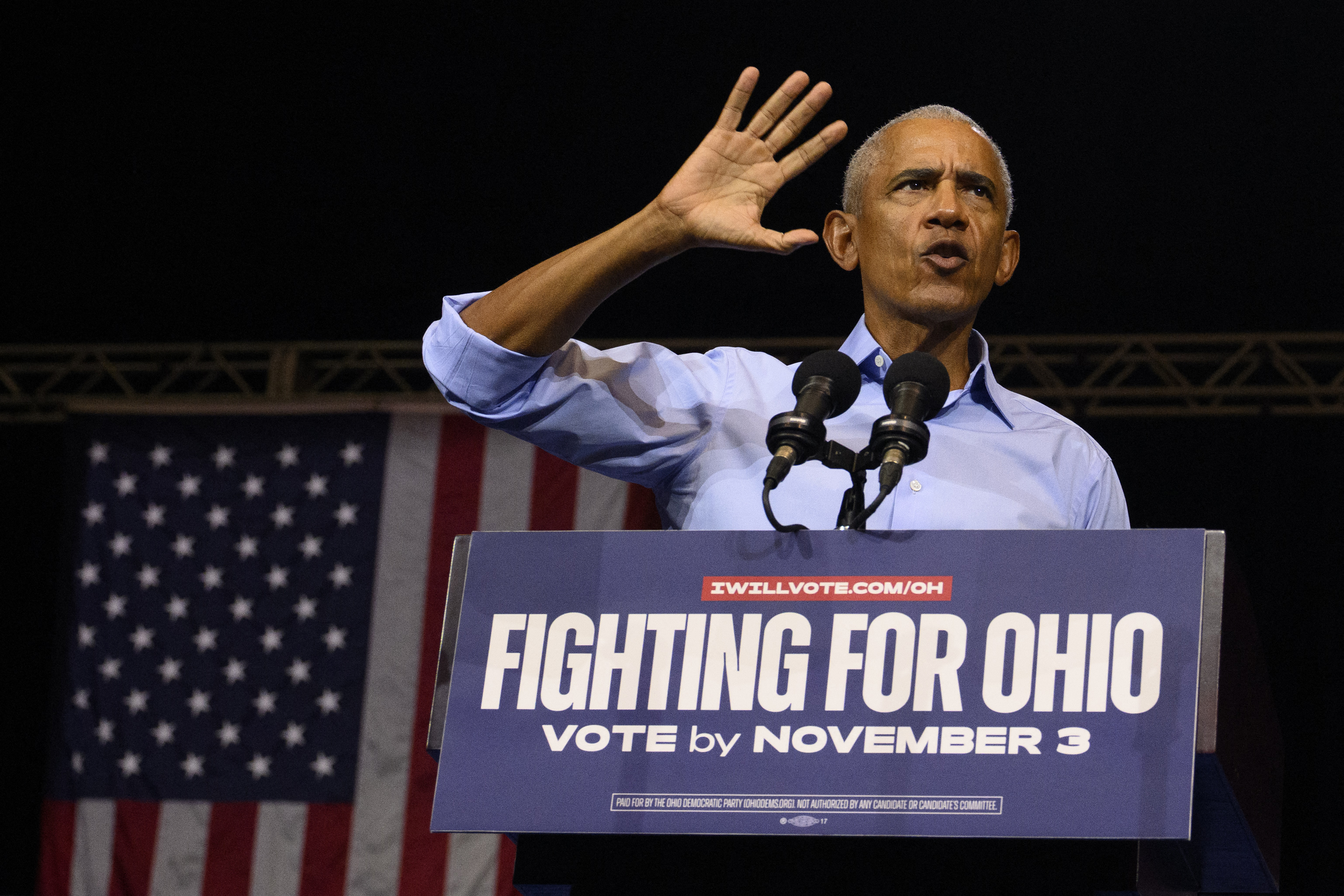 CLEVELAND, OHIO - OCTOBER 24: Former U.S. President Barack Obama speaks during a campaign rally at Cleveland Public Auditorium on October 24, 2026 in Cleveland, Ohio. Obama is campaigning for Ohio Democratic candidates including Senate candidate, former Sen. Sherrod Brown (D-OH) and gubernatorial candidate Dr. Amy Acton ahead of next week's midterm elections on November 3. Jeff Swensen/Getty Images/AFP (Photo by JEFF SWENSEN / GETTY IMAGES NORTH AMERICA / Getty Images via AFP)