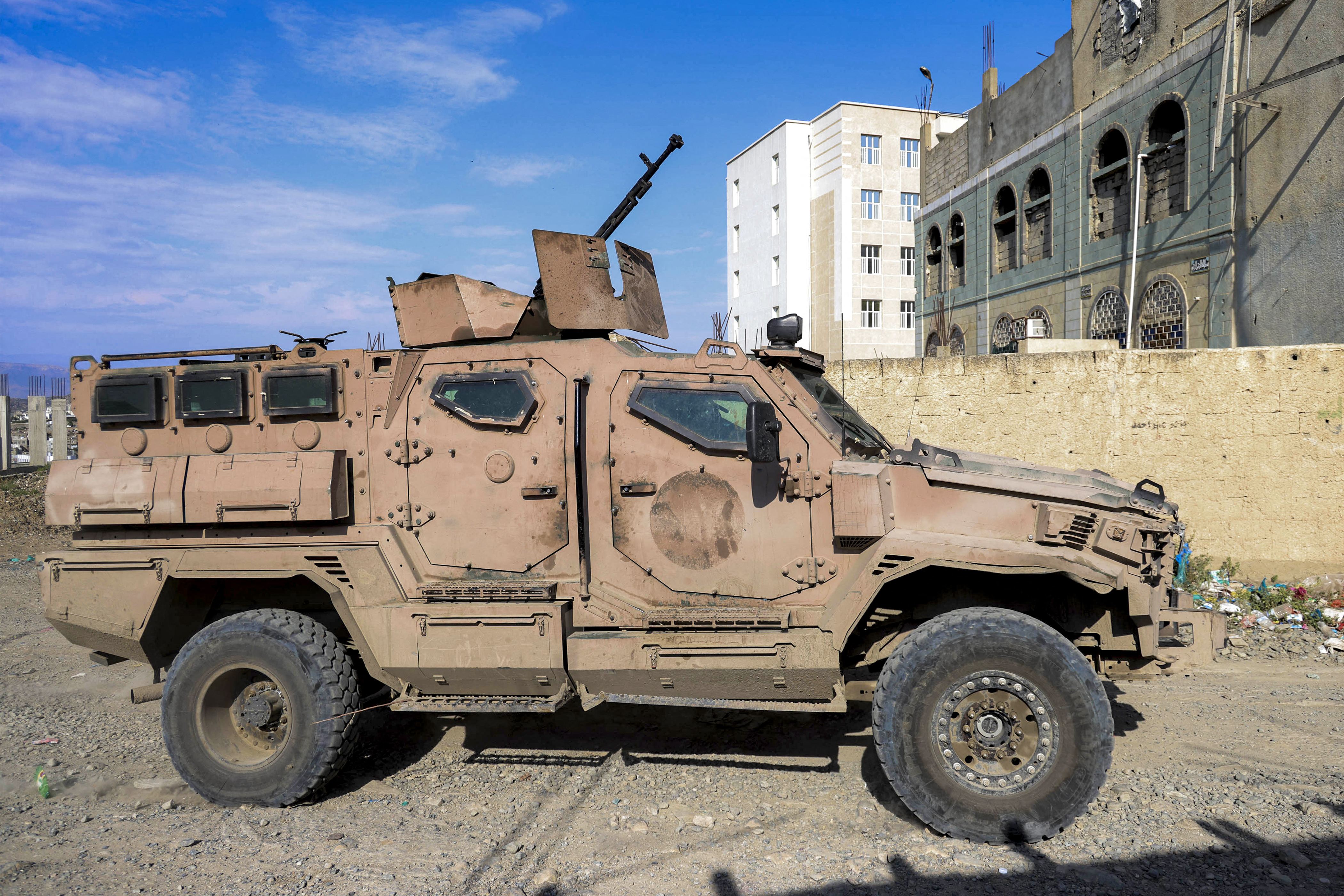 An armoured vehicle is seen.