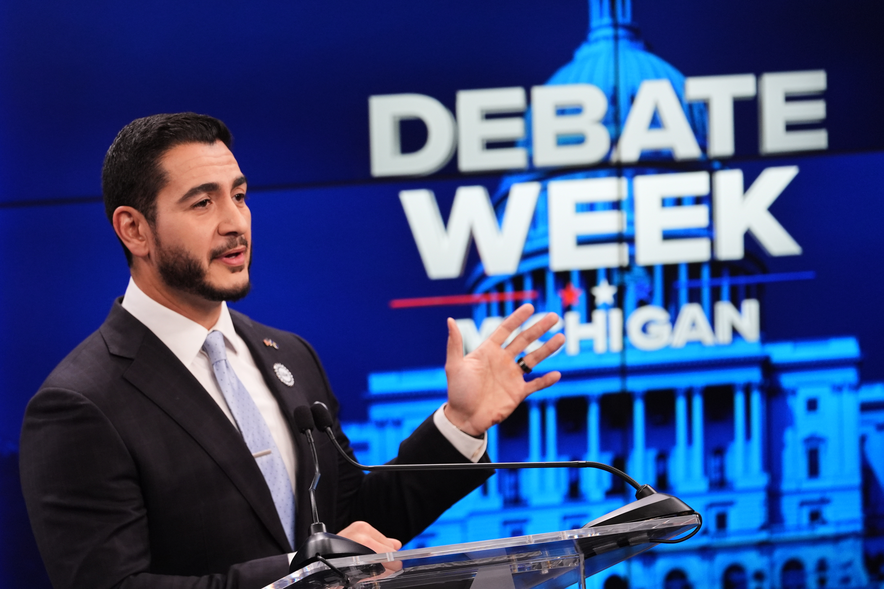 Democratic nominee for U.S. Senate Abdul El-Sayed, talks during a televised debate with Republican nominee for U.S. Senate Mike Rogers at WOOD-TV, on Thursday, Oct. 8, 2026, in Grand Rapids, Mich. (AP Photo/Paul Sancya, Pool)