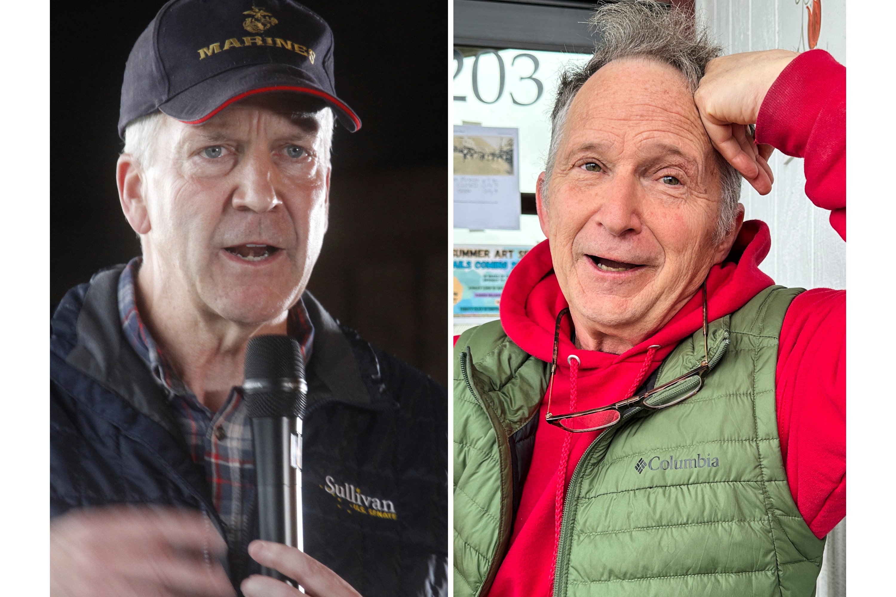 FILE - This combination photo shows Sen. Dan Sullivan, R-Alaska, left, in Palmer, Alaska, Aug. 17, 2026, and a candidate in Alaska's Senate race, Dan Sullivan, right, in Petersburg, Alaska, July 3, 2026. (AP Photos/Mark Thiessen/Becky Bohrer, File)