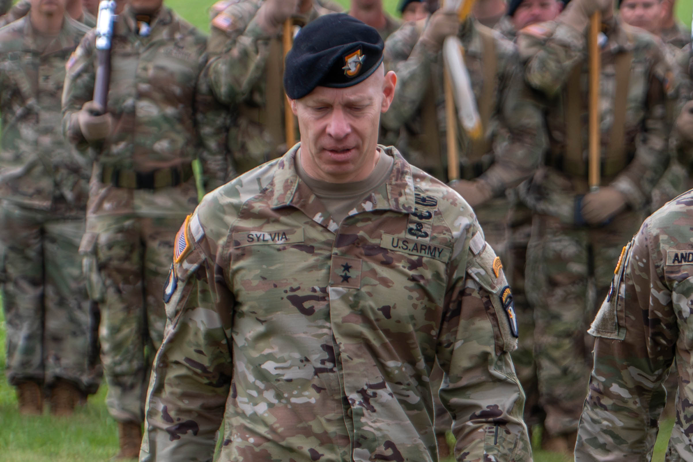 This photo provided by the U.S. Army shows Maj. Gen. Brett Sylvia, at a 101st Airborne Division change of command ceremony at Fort Campbell, Ky., May 30, 2025. (Sgt. Timothy Jackson/U.S Army via AP)