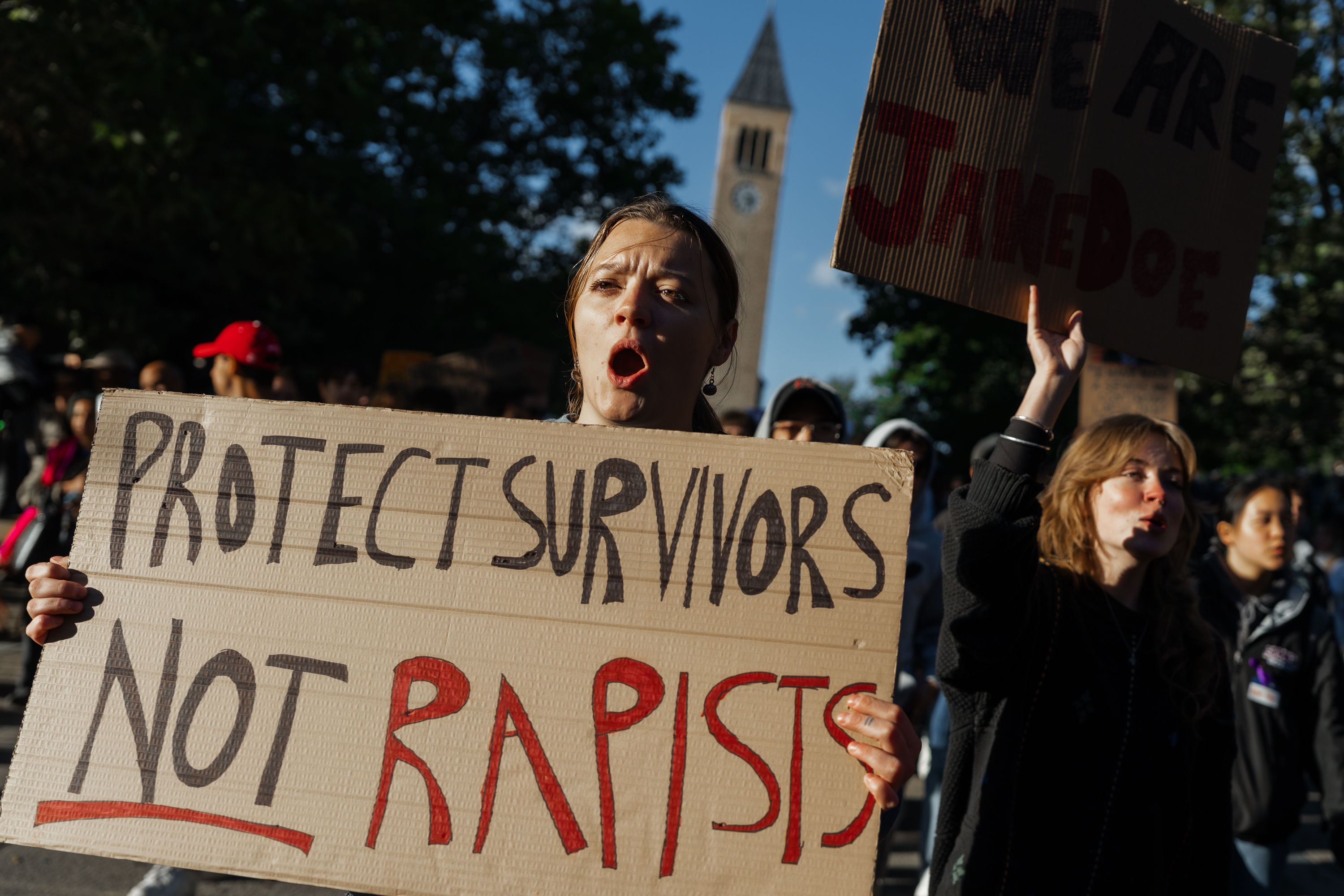 epa13283877 People shout during a protest against Cornell University's handling of an alleged sexual assault on campus, in Ithaca, New York, USA, 05 October 2026. EPA/OLGA FEDOROVA