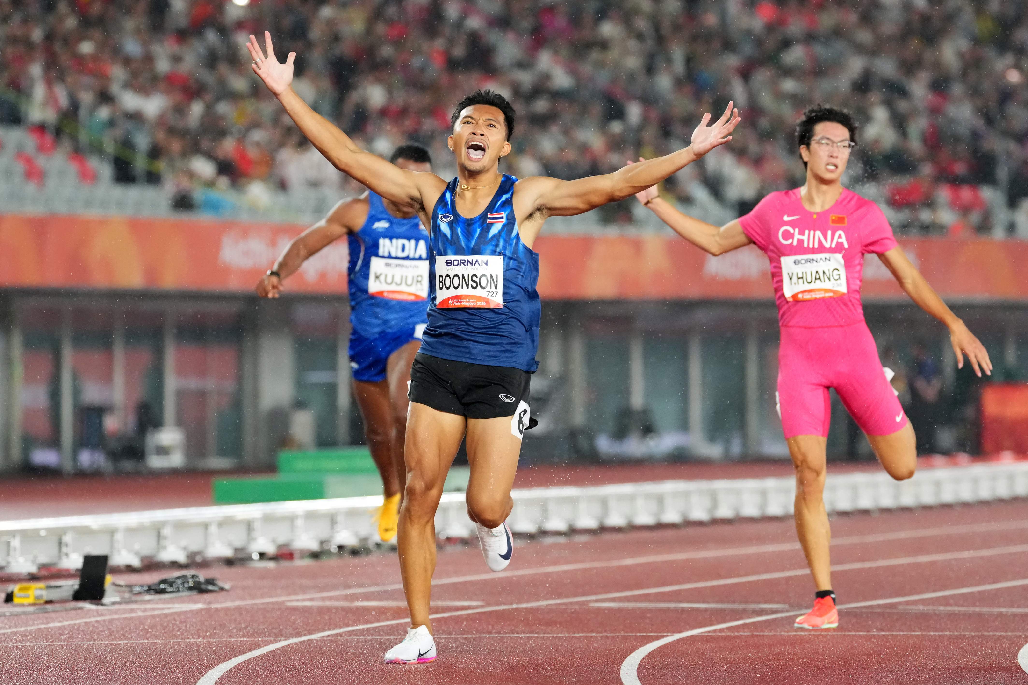 NAGOYA, JAPAN - SEPTEMBER 27: Puripol Boonson of Thailand celebrates winning the gold medal with the new Asian record after competing in the Athletics Men's 200m Final on day eight of the 20th Asian Games Aichi-Nagoya at Nagoya City Mizuho Park Athletic Stadium on September 27, 2026 in Nagoya, Aichi, Japan. (Photo by Toru Hanai/Getty Images)